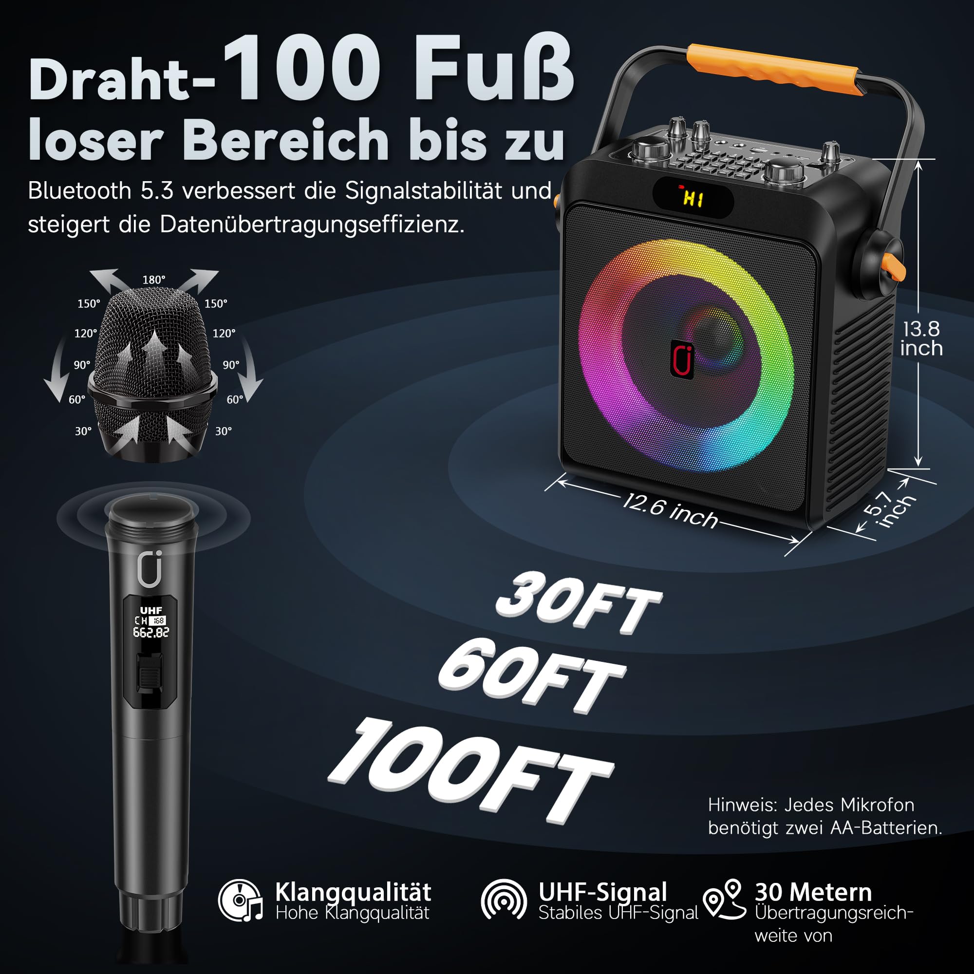 JYX Karaoke Anlage mit 2 Mikrofonen, Karaoke Maschine & tragbare Karaoke-Box mit Bluetooth 5.3, Bass- & Echo-Regler, TWS, USB, AUX, TF-Karte, für Partys und Outdoor, für Erwachsene und Kinde