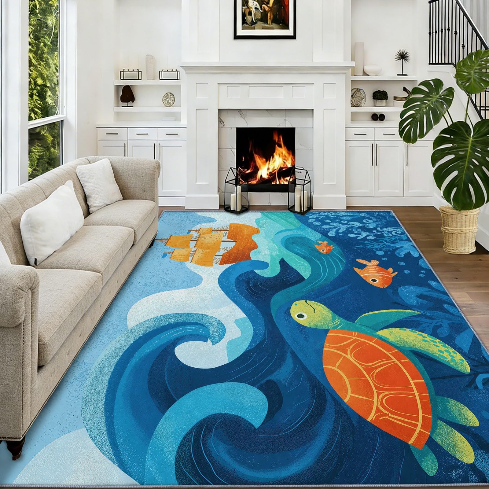 Alfombra suave antideslizante 120 x 170 cm barco pirata de dibujos animados olas tortuga alfombra de dormitorio pelo Ras, tema marítimo antideslizante moqueta, para dormitorio, pasillos, salón cocina