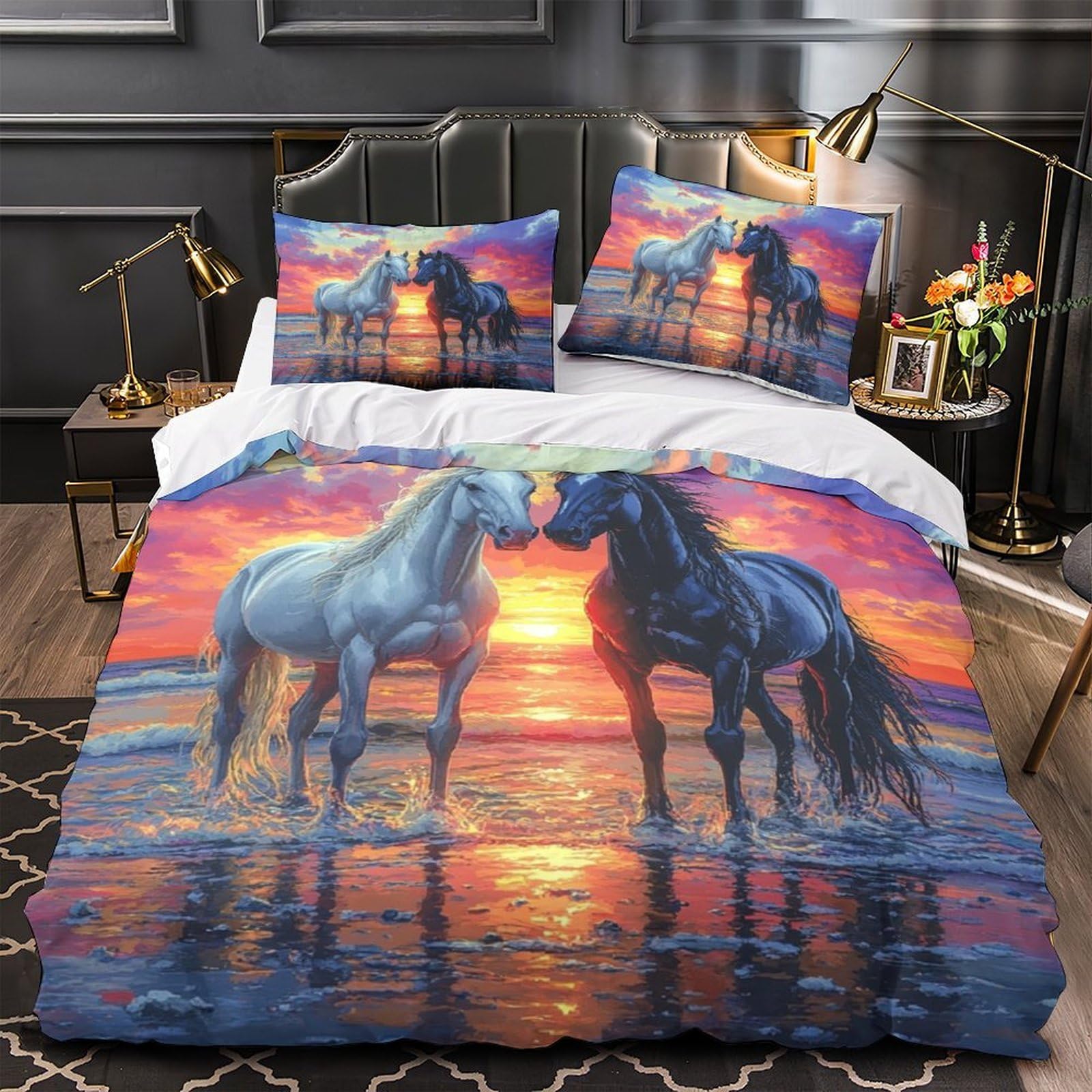 Housse de Couette Chevaux en 3D parure de lit microfibre 135x200 cm pour lit simple
