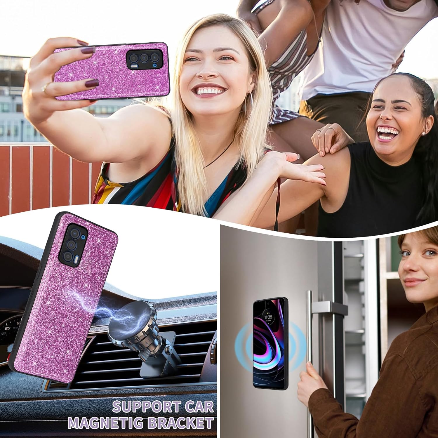 Asuwish Phone Case for Motorola Moto Edge 2021/MotoEdge 5G UW 2021 Zipper Wallet Detachable Cell Cover with Tempered Glass Screen Protector Strap Bling Glitter Flip Card Holder XT2141-1 Women Purple