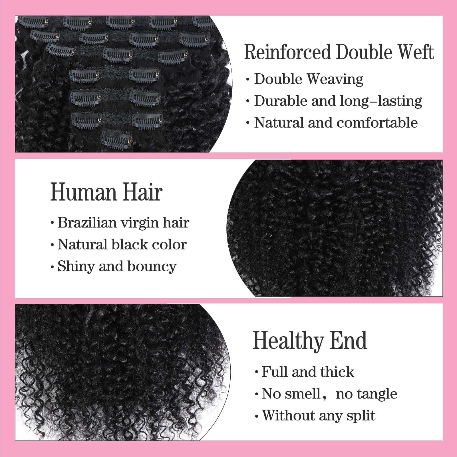 Yacurcur Kinky Curly Clip In Human Hair for Women Brazilian Remy Human Hair Virgin Hair 3C 4A Kinky Curly Clip Ins Hair Extensions 8 Pcs Natural Black (14 Inch) - Image 4