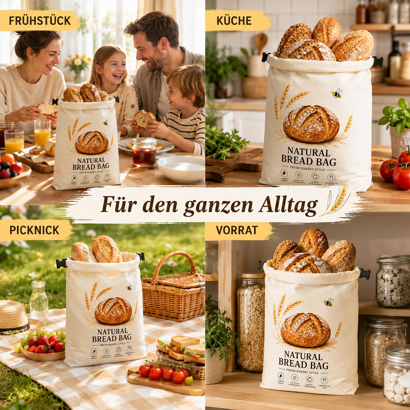2 sacchetti per il pane in cera d'api, 42 x 33 cm, riutilizzabili, in cotone e TPU, con chiusura a clip, per pane, toast, baguette, panini, croissant, bagel e prodotti da forno