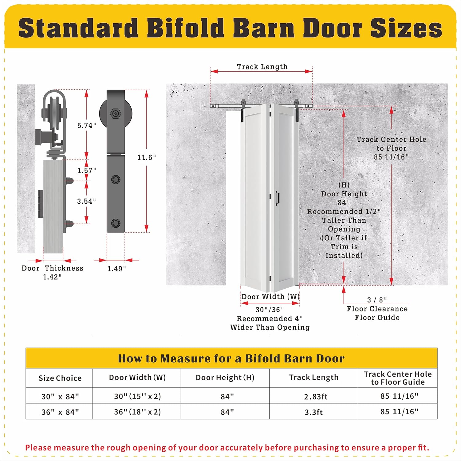 Bifold Barn Door, 1-Panel Sliding Barn Door for 30"（15" x2） x 84" Openings, Interior Folding Door with Sliding Hardware Kit Set, Finished Closet Door Slab, 2.83FT Track for 2 Doors, MDF, White