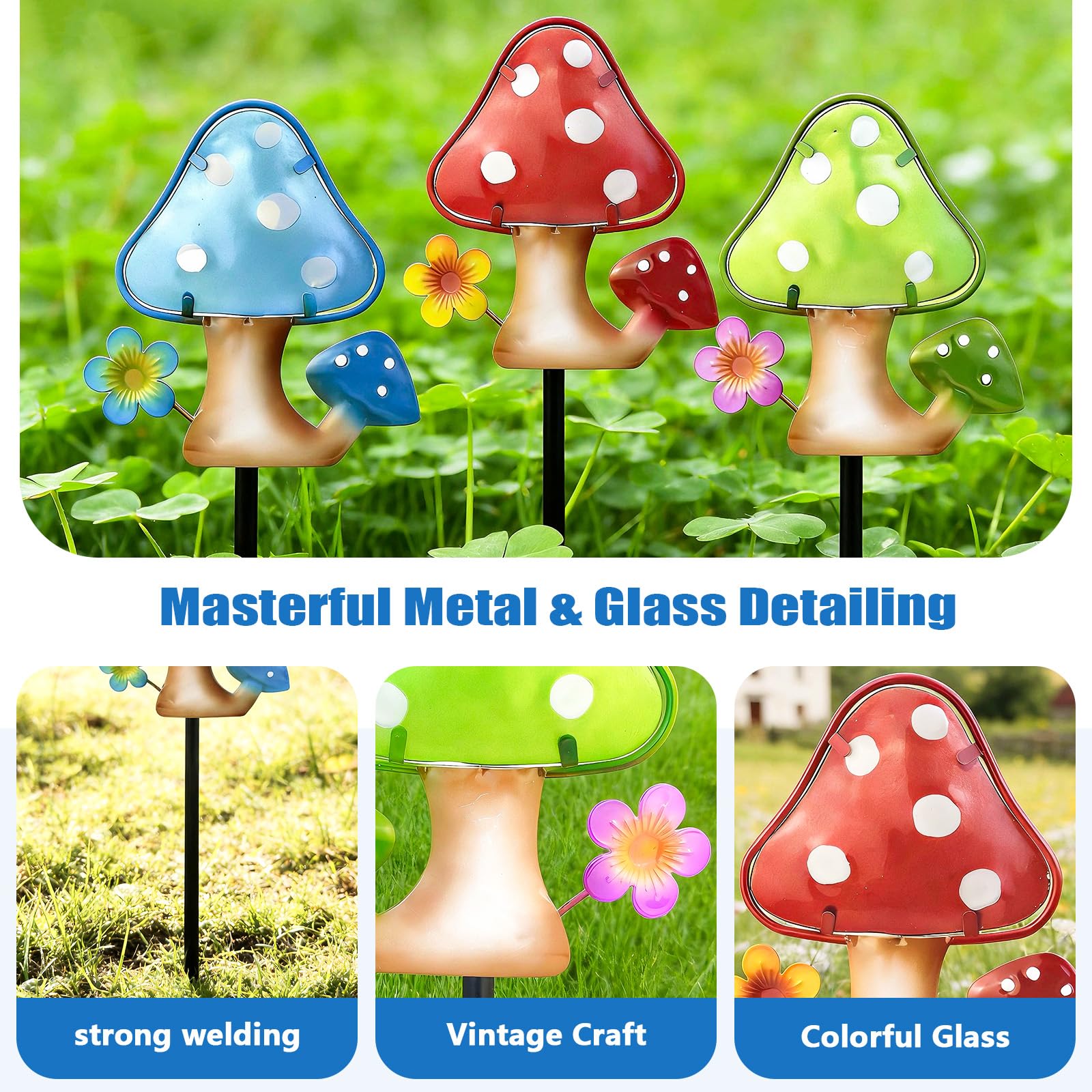 Mushroom Garden Stakes Set of 3 Metal Glass 10" Outdoor Yard Lawn Decor view 5