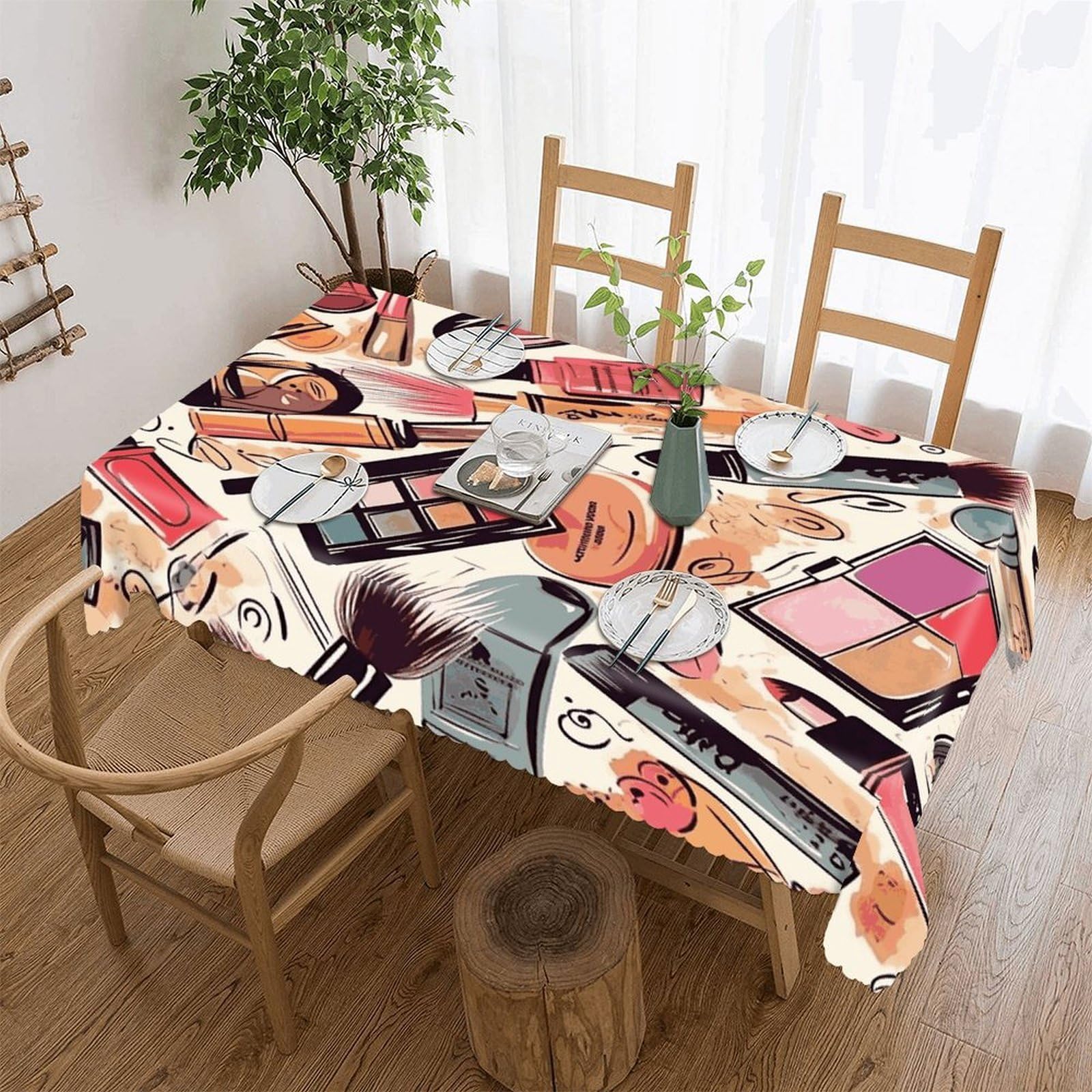 FekiLoot Cosmetic and Makeup Theme Pattern Tablecloths for Rectangle Tables Wipeable Spillproof Polyester Table Cloth Wrinkle Free Farmhouse Dining Tables Cover Elegant Vintage Decor Tablecover