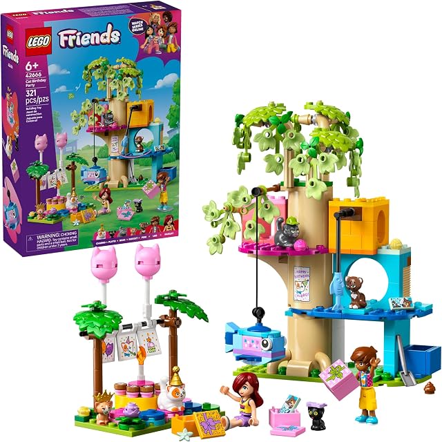 LEGO Friends Fête d'anniversaire de chat et maison dans l'arbre jouet de construction - Blocs de construction de jeu de simulation avec jouets pour chat et 2 minipoupées - Jouet créatif de narration pour filles et garçons, 9+ - Idée cadeau d'anniversaire - 42666