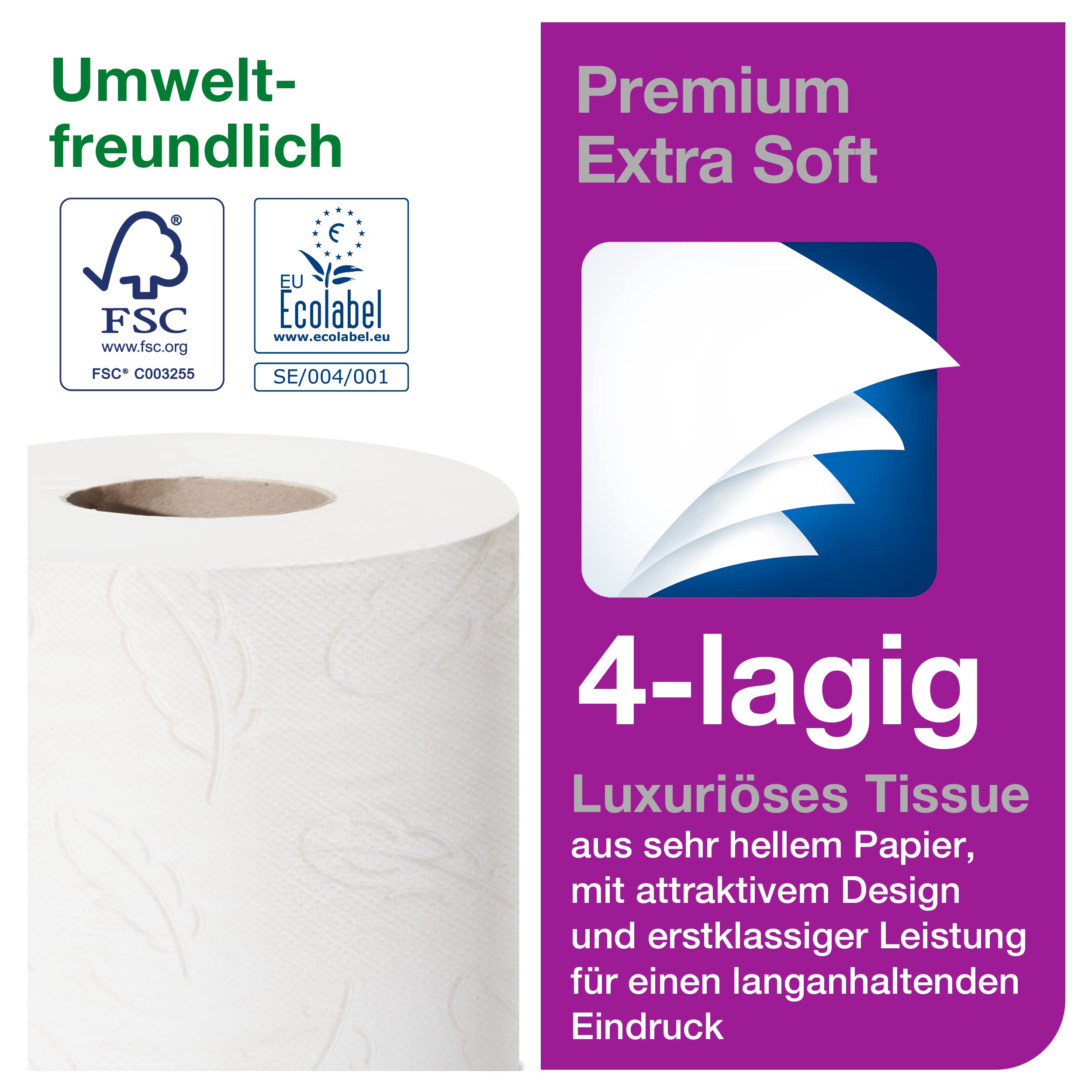 Tork extra weiches Kleinrollen Toilettenpapier Weiß T4, Premium, 4‑lagig, 42 × 153 Blatt, 110405