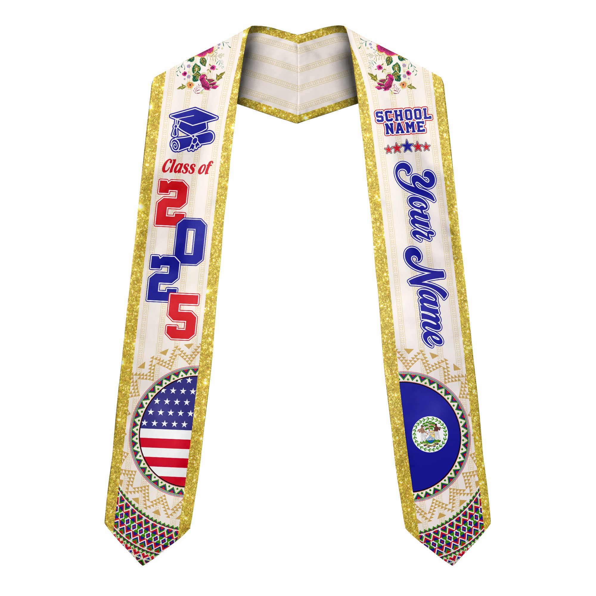 MonkeyVan Custom Belize Graduation Sash Belize Stole for Graduation Belize Flag Gift Graduation Sash Graduation Stole Bz9