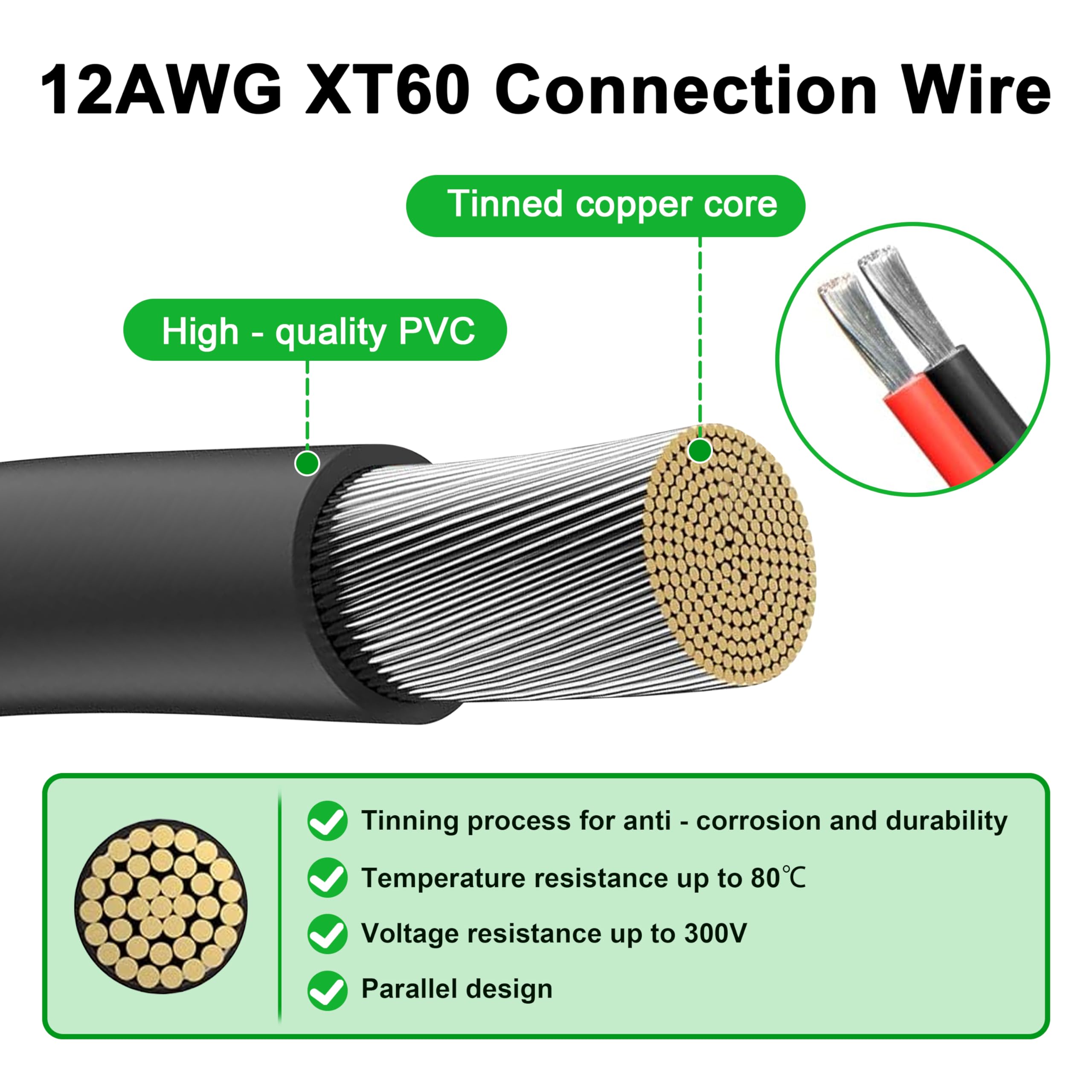 Cable de extensión XT60 resistente de 12 AWG con adaptador XT60 de conexión rápida, generador solar, estación de energía portátil y batería RC compatible (2 pies), conector impermeable de alta