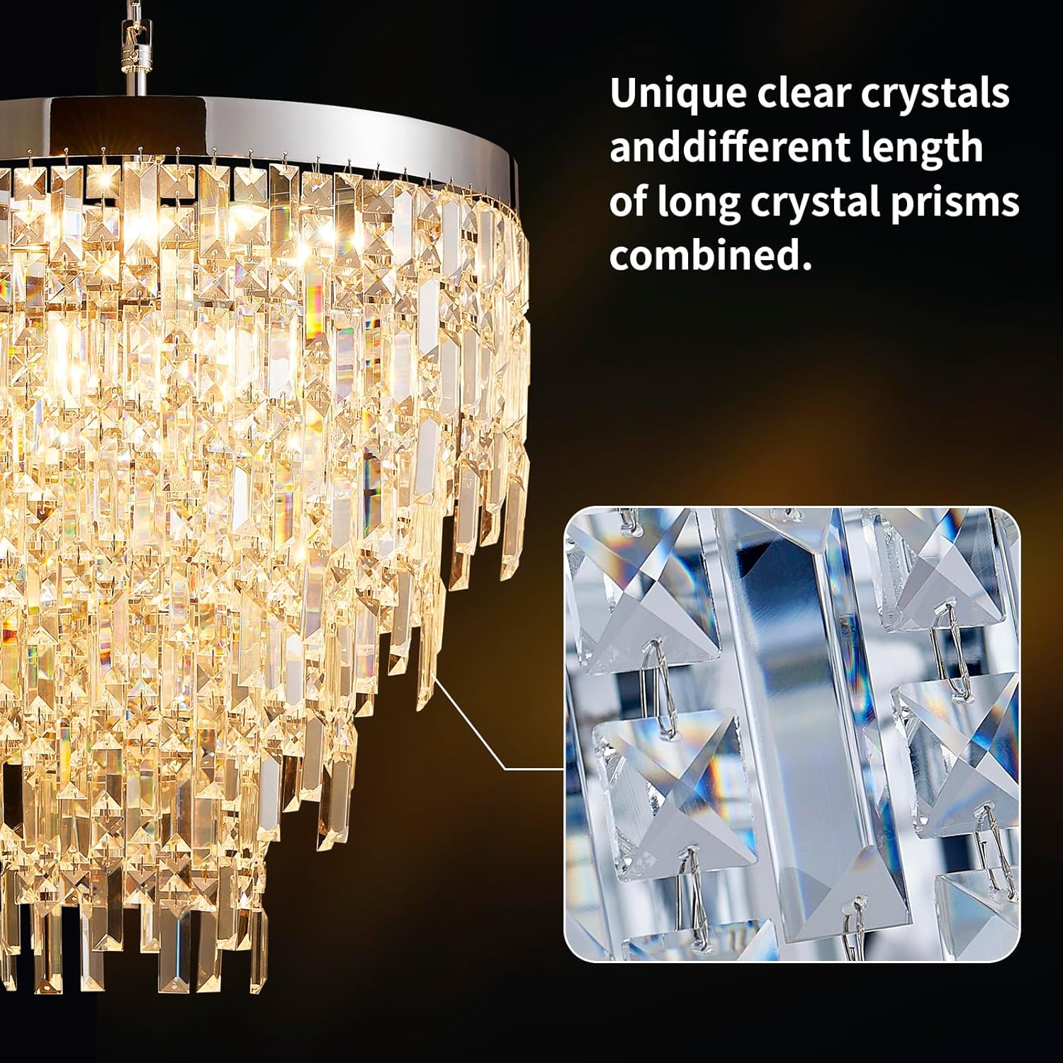 Modern Crystal Chandelier, 22.8” Chrome Round Chandeliers for Dining Room Light Fixture, 4 Tiers 9 Lights Luxury Crystal Pendant Chandelier for Entryway Foyer Living Room Bedroom Kitchen Staircase