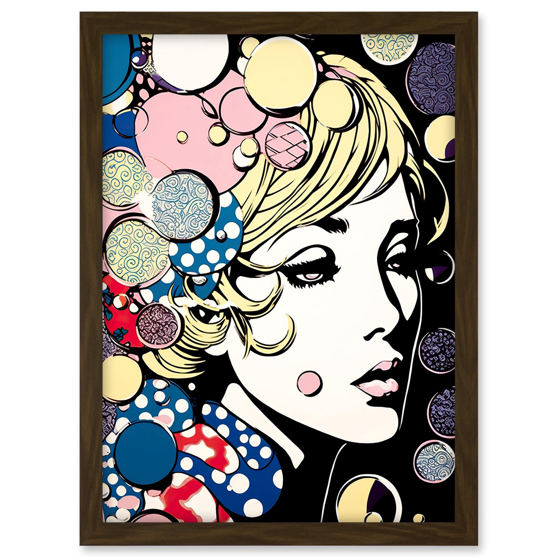 Artery8 Modern Woman Blonde Portrait Pop Art Bubbles Patterns Colourful Comic Book Halftone Artwork Framed A3 Wall Art Print