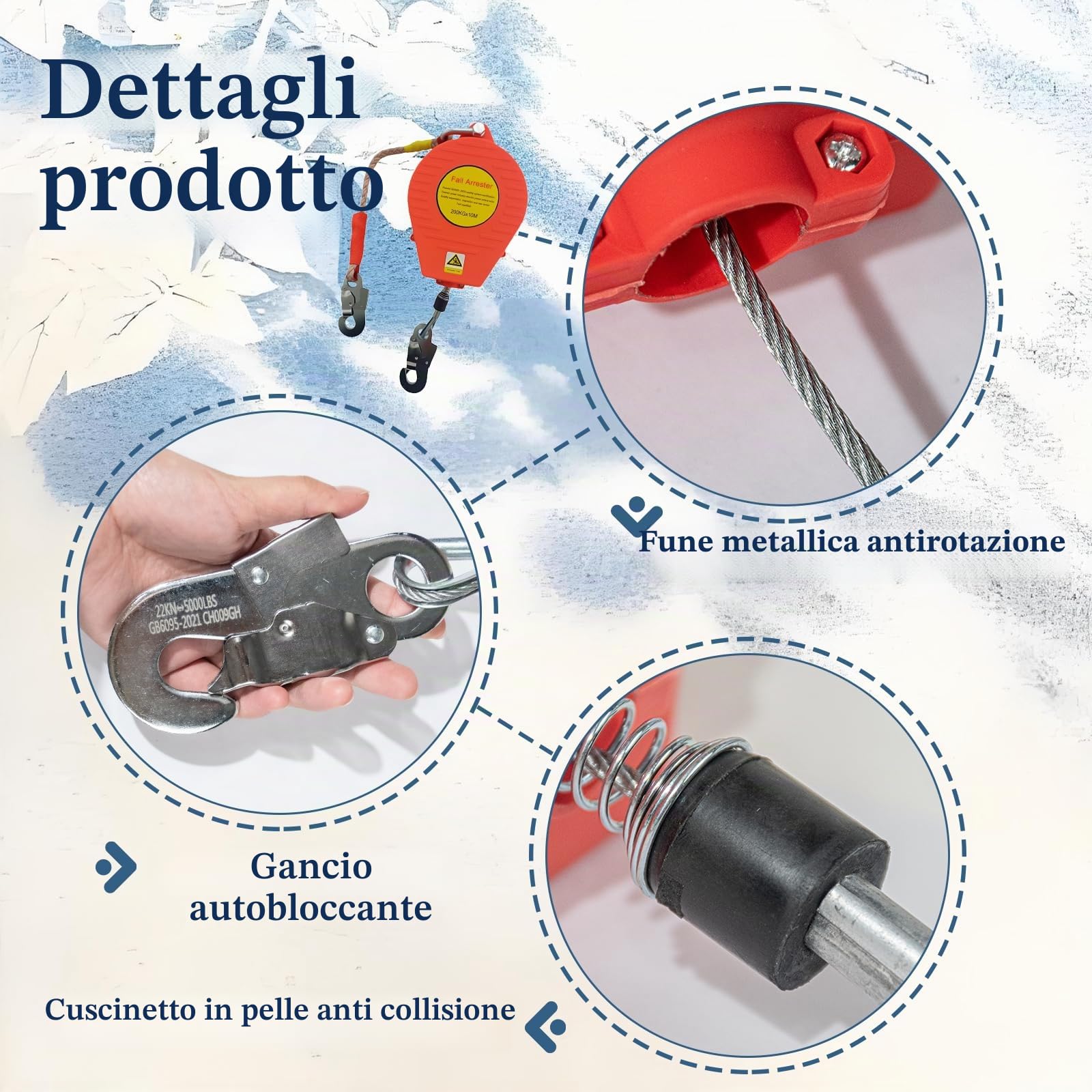 Dispositivo Anticaduta Retrattile Certificato 200kg(1 Pezzo,10m) | 10m/15m/20m Imbracatura di Sicurezza Anticaduta Tetto Rosso, Dispositivo Sicurezza Anticaduta Retrattile Tetto/Lavoro Aereo