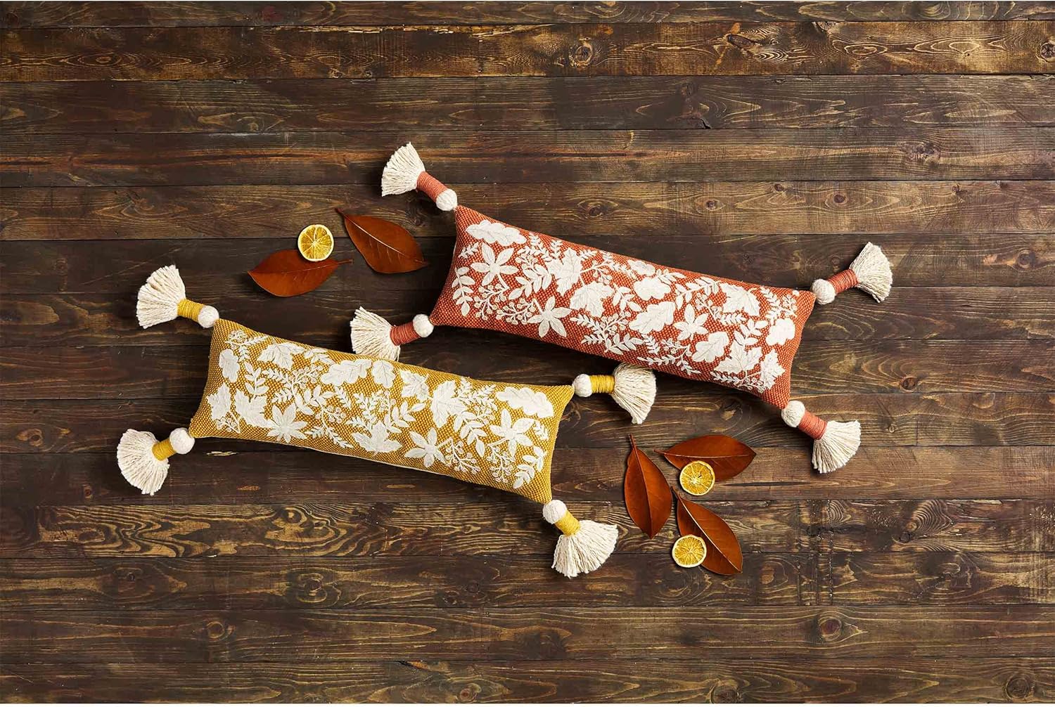 Mud Pie Leaf Long Pillow, 24" x 8", Mustard