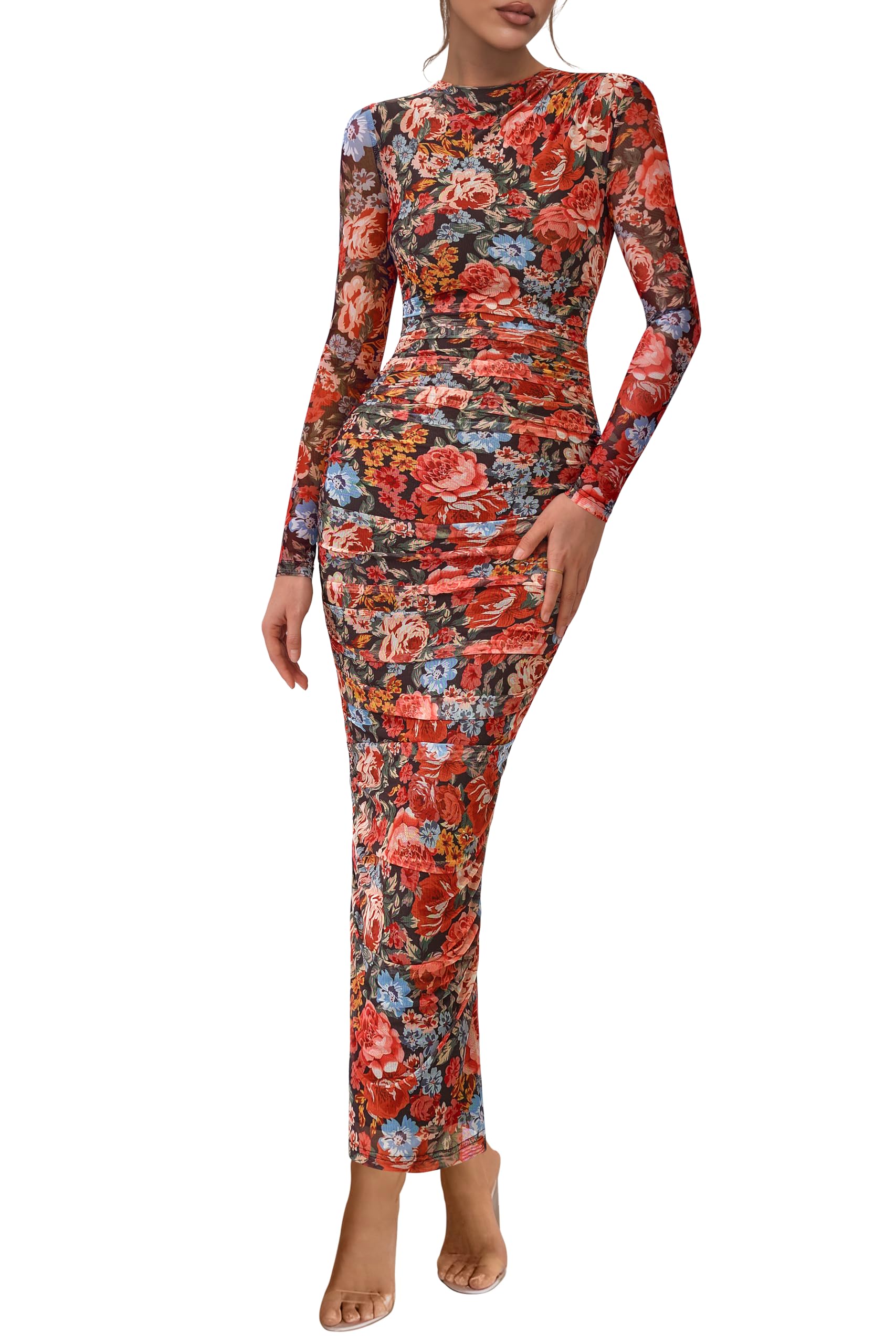PRETTYGARDEN Womens Long Sleeve Maxi Dress 2025 Fall Ruched Bodycon Floral Mesh Formal Wedding Guest Cocktail Party Dresses