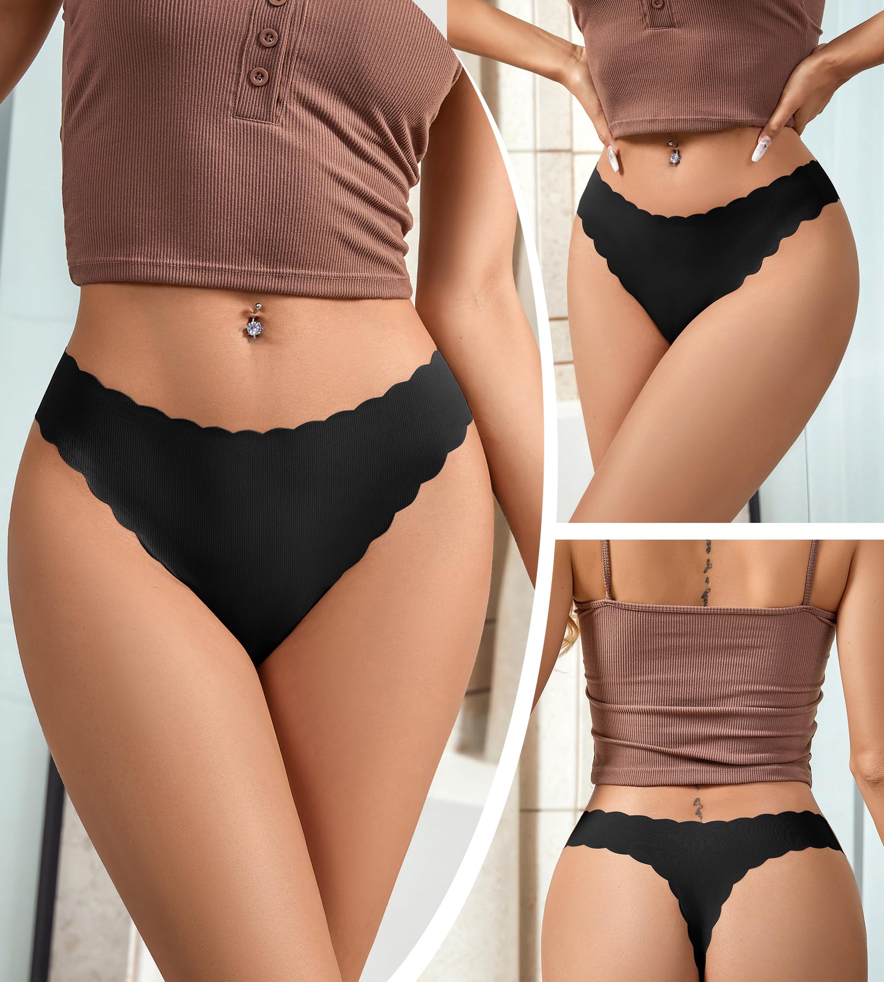 SHARICCA Lot de strings sans couture pour femme - Sous-vêtements doux côtelés invisibles - Bords ondulés