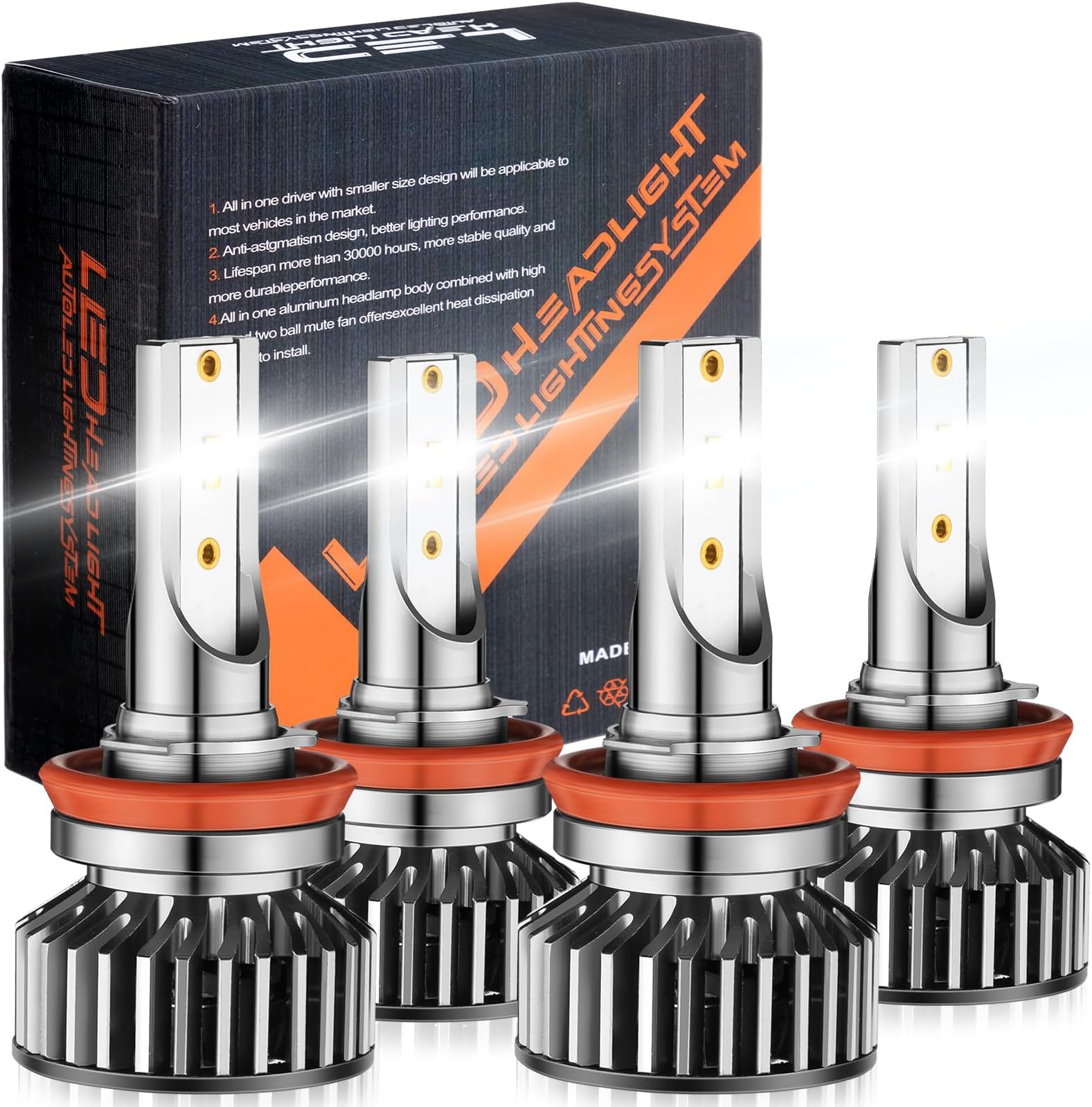 Riakrum 4 Pcs H11 9005 LED Headlight Bulbs 6000k White Light 16000lm Bright Plug to Play LED Bulbs Full Beam Automotive Headlight Bulbs for Auto Replacement Headlights (H11 Style)