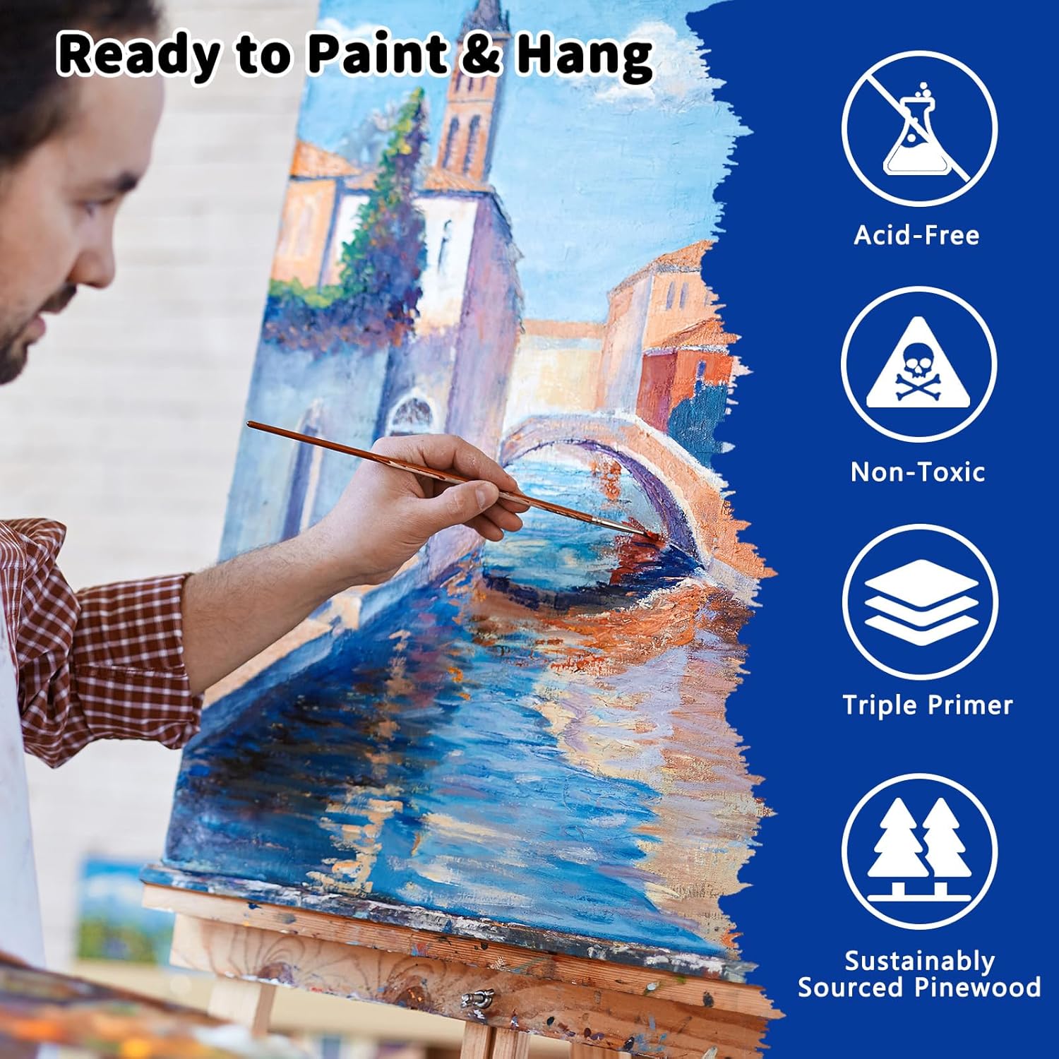 24-Pack Stretched Canvas Set in 8 Sizes – 100% Cotton with Natural Cottonseed Husk, 5/8” Deep Profile, Triple-Gesso Acid-Free White Canvas– for Acrylic, Oil & Mixed Media Painting