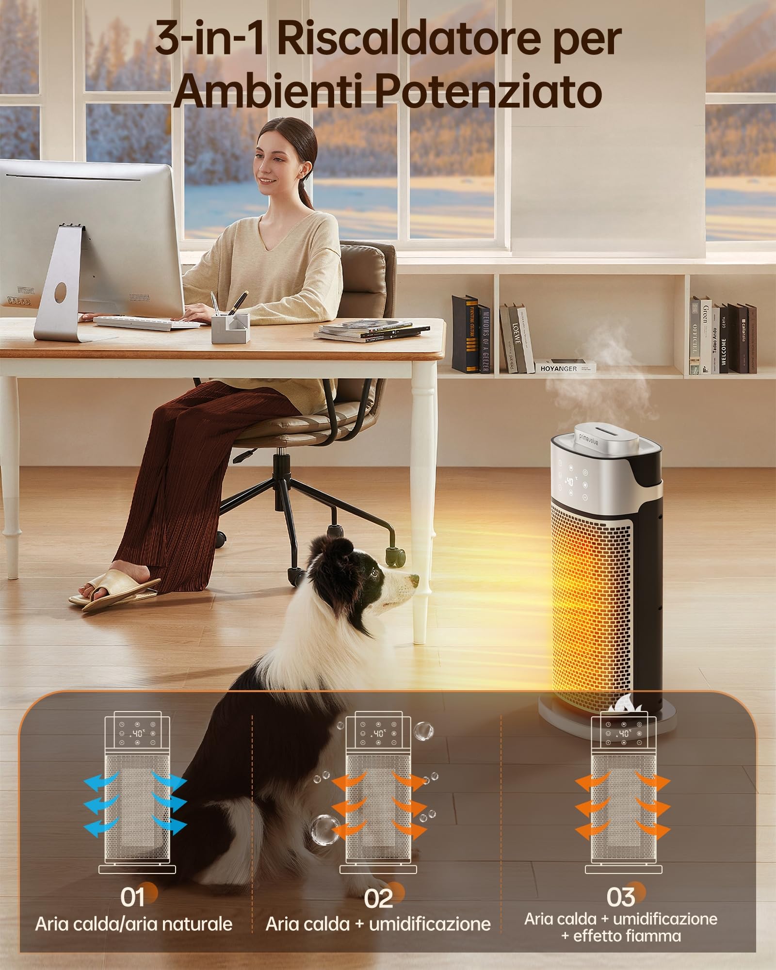 Primevolve Stufetta Elettrica con Umidificatore Funzione, 2000W Termoventilatore Ceramico a Basso Consumo, Termostato Ambiente Silenzioso con Telecomando, Timer, 70°Oscillazione, 3 Modalità Per Camere