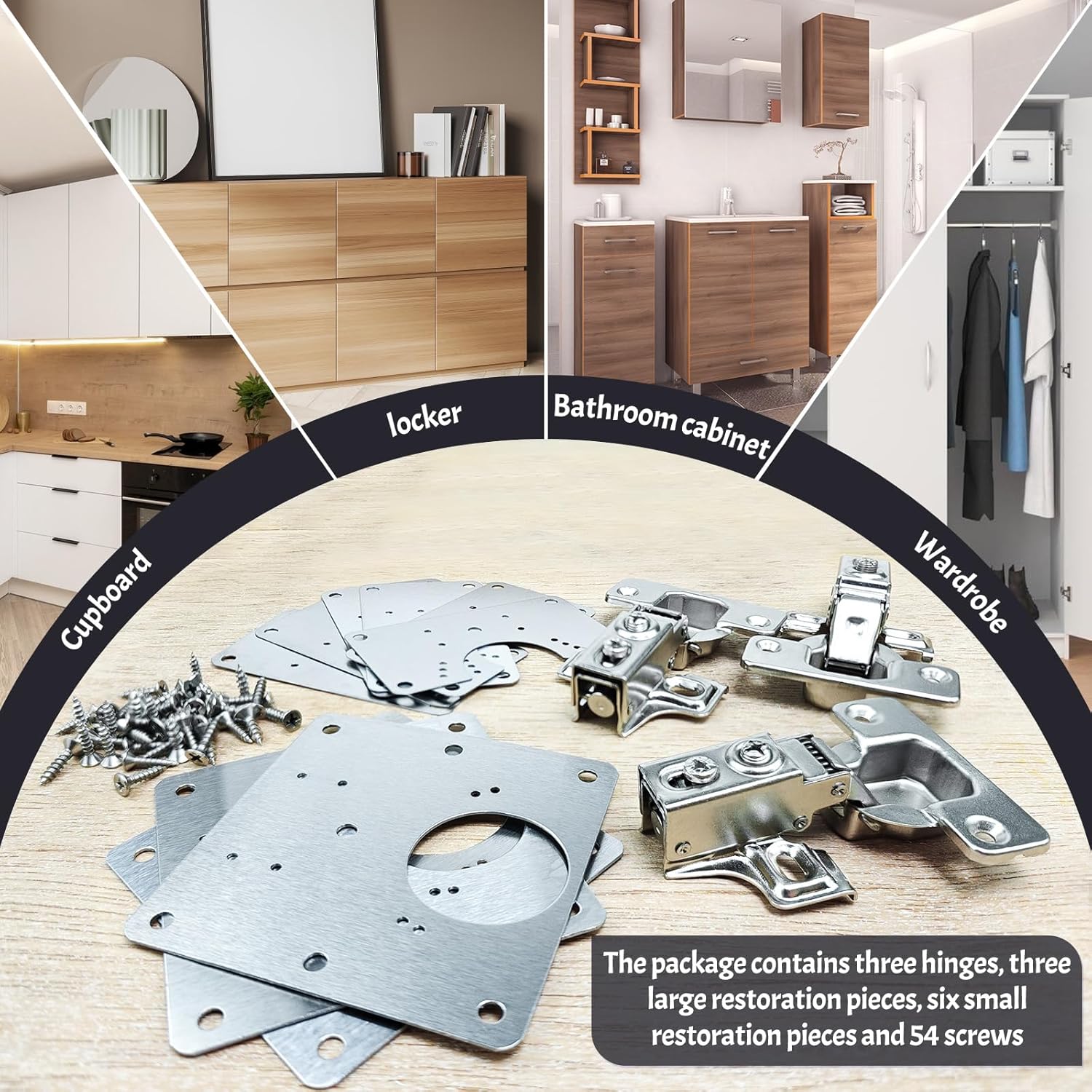 3 Pcs Cabinet Door Hinges, Cabinet Hinge Repair Plate Kit Fix Loose Sagging Cabinet Doors,Hinge Repair Plates for All Home Cabinets,Door Repair Kit Include(9 Repair Panels+3 Hinges+54 Screws) (3)