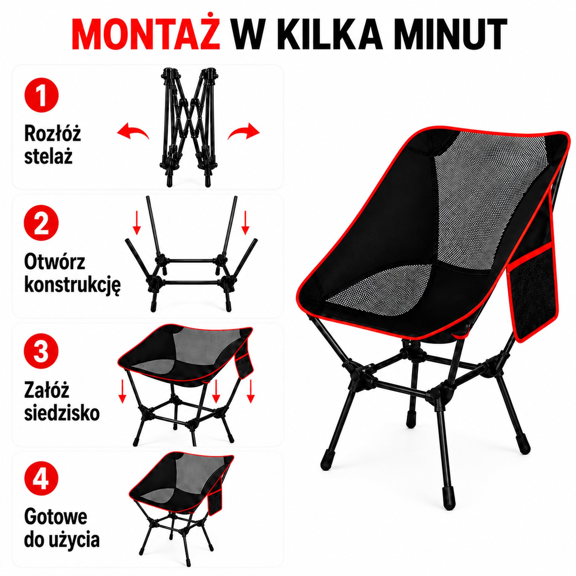 Składane Krzesło Kempingowe Przenośne do 120 kg, Moon Chair z Tkaniny 900D z Kieszenią Boczną i Torbą, na Plażę Wędkowanie Piknik Ogród Camping
