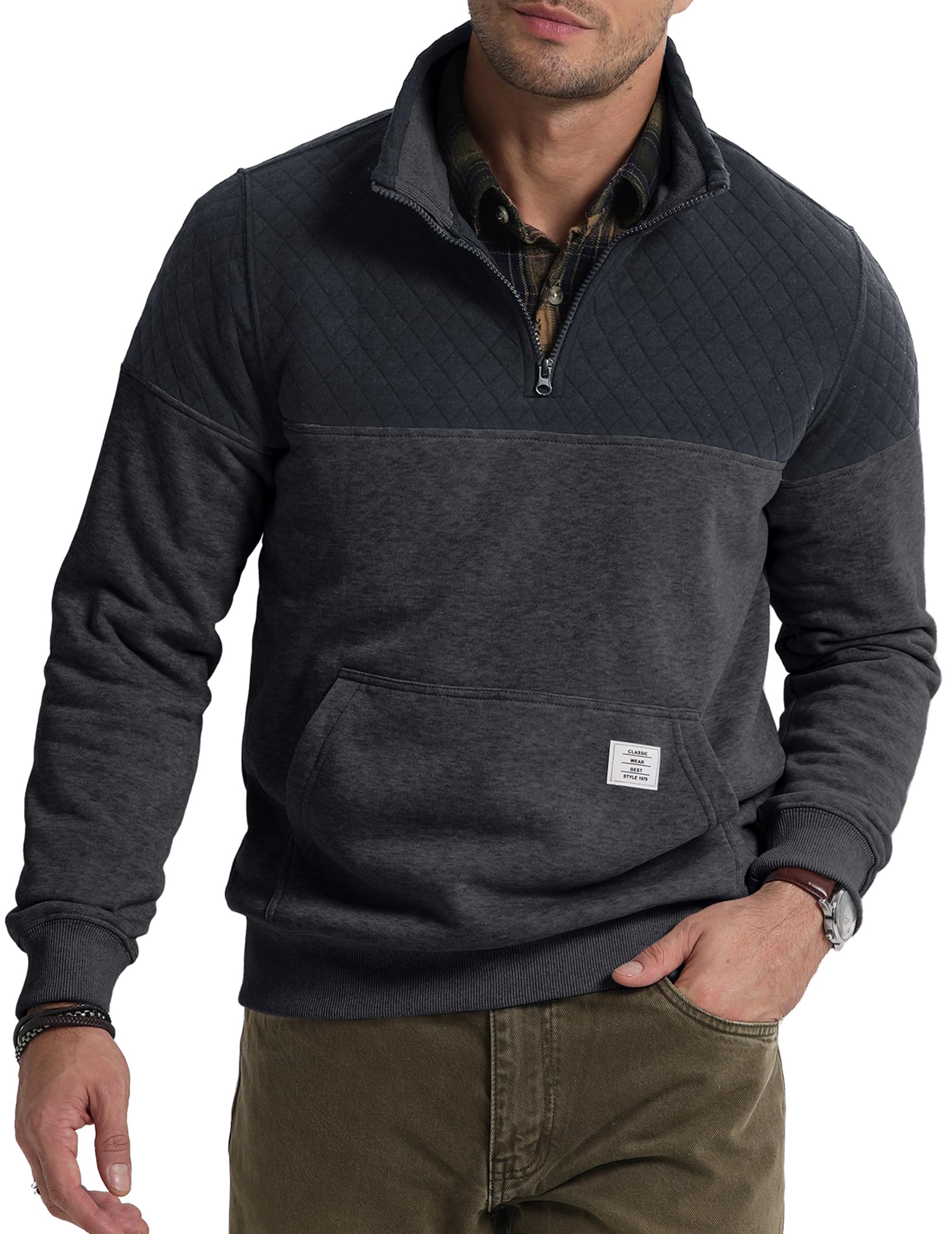 JMIERR Men's Quarter Zip Pullover Quilted Sweatshirt Pullover Long Sleeve Stand Collar Sweater Color Block Sweatshirt
