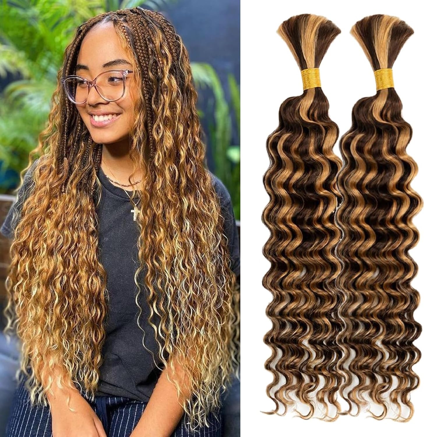 Ombre Braiding Hair 100g 22 Inch Deep Water Wave 2 Bundle Bulk Human Hair for Braiding 10A Brazilian Virgin Highlight Curly Hair Extensions for Boho Braids Wet and Wavy Honey Blonde Braiding Hair