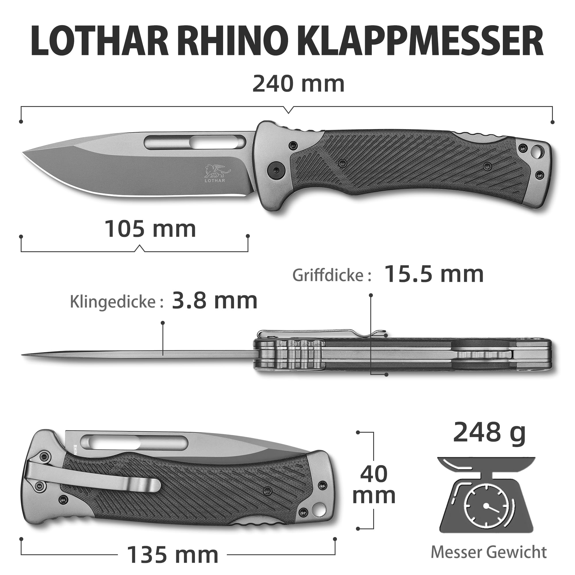 LOTHAR RHINO Couteau à Deux Mains, 10.5cm Grand Couteau Pliant Avec Acier D2, Manche G10 Couteau Outdoor Survival Avec Clip Pour Camping, Back Lock, Bushcraft, Robuste & Durable
