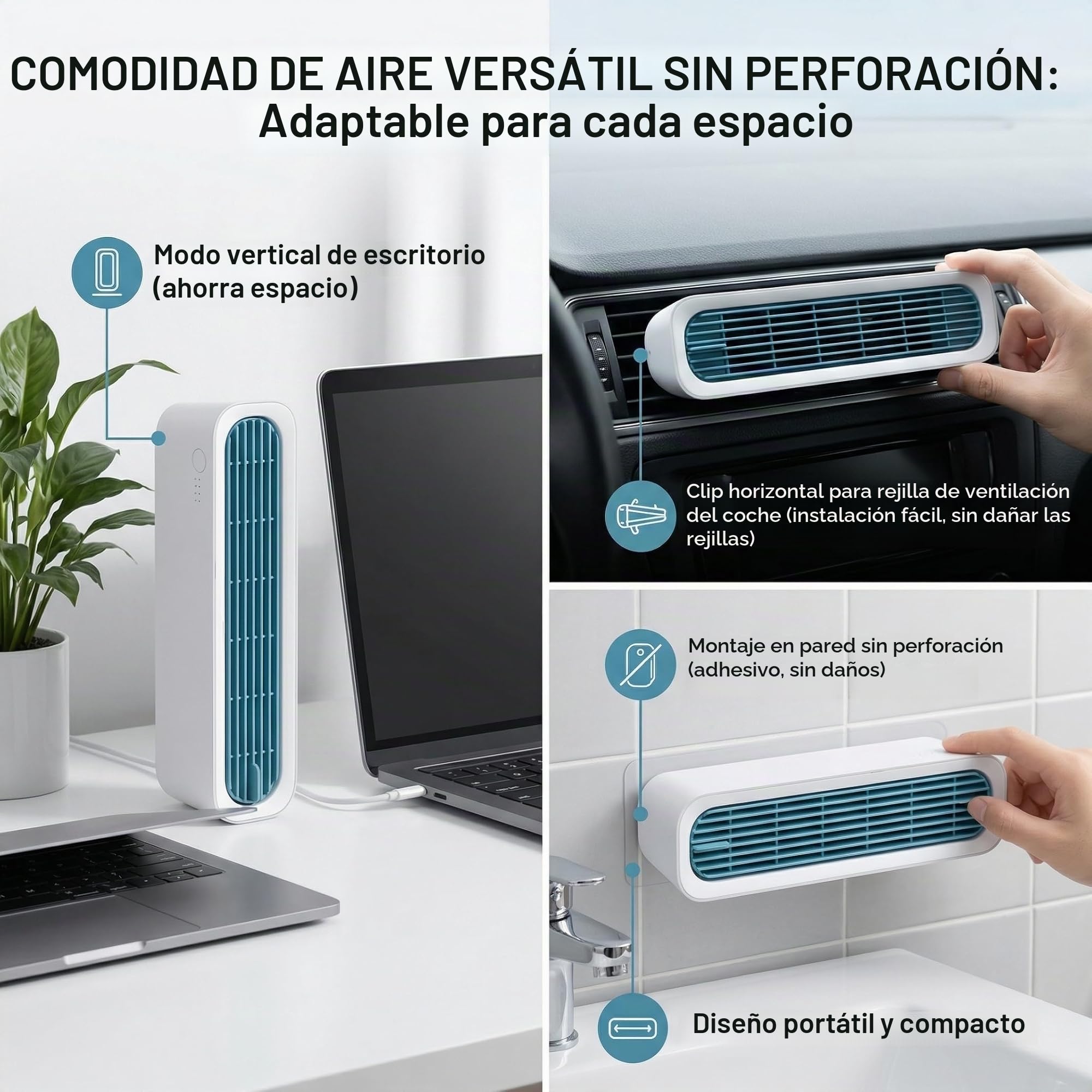 Aires acondicionados portátiles, ventilador de refrigeración personal con Turbo para montaje en pared 2 en 1, ventiladores silenciosos recargables por USB sin cuchillas para el hogar, oficina, coche