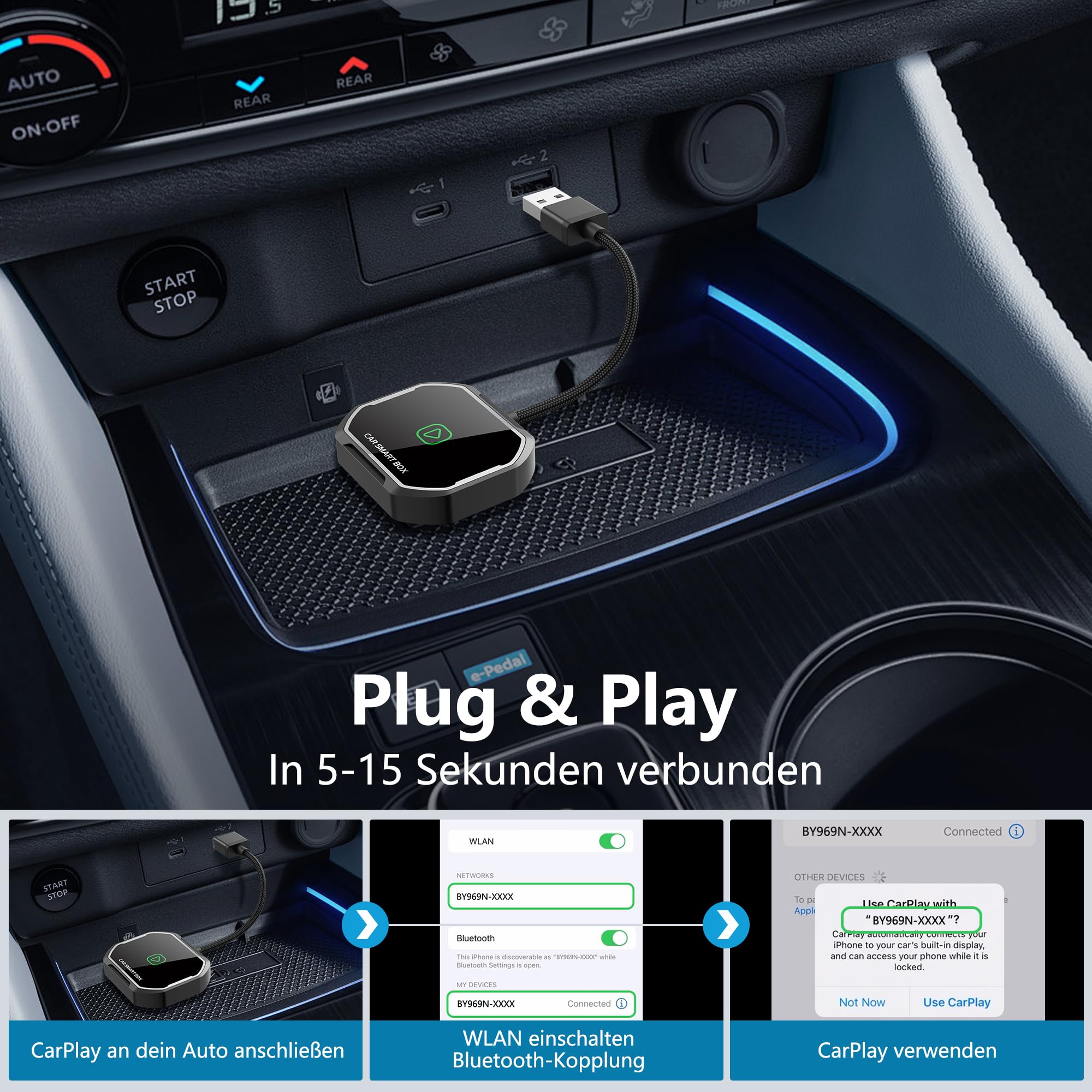 Carplay Wireless Adapter Für IOS, Wired CarPlay in Wireless CarPlay Adapter Umwandeln, Plug & Play Car Play Wireless Adapter Kompatibel mit Autos ab 2017 & iPhone iOS 10+