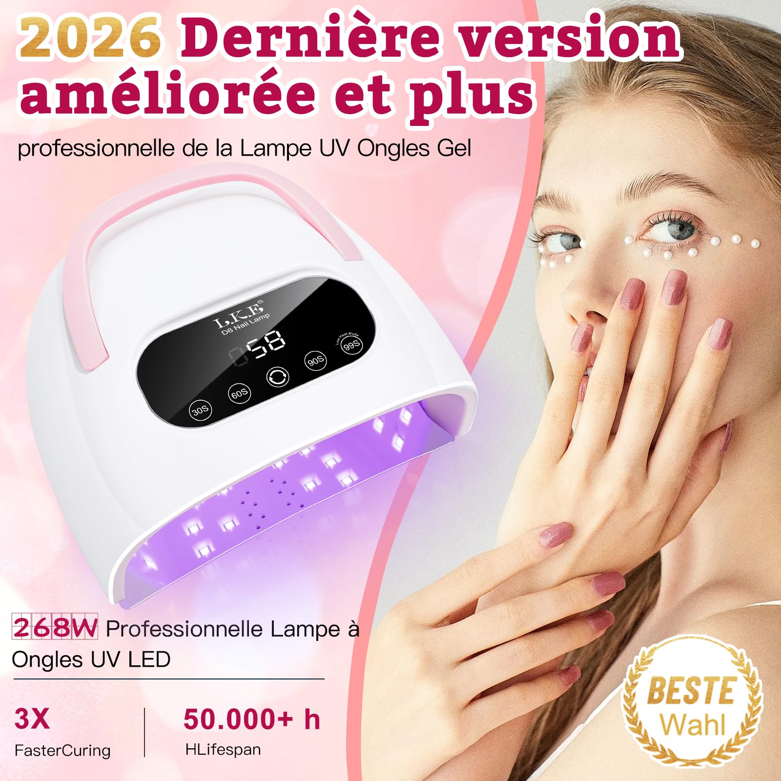LKE Lampe à Ongles UV Led 380W Professionnelle Lampe Uv Ongles Gel Séchoirs à Ongles avec 4 Minuteries Écran Tactile LCD Capteur Automatique Poignée Portable Socle Magnétique Lampe Séchage Pour Salon
