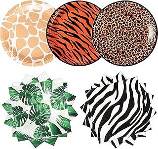 60 Pcs Disposable Plates Zoo Animal Print Party Paper Plates Dessert Plates and Tropical Leaf Napkins Cocktail Napkins Decorative Paper Napkins for Jungle Party Luau Party Fiesta
