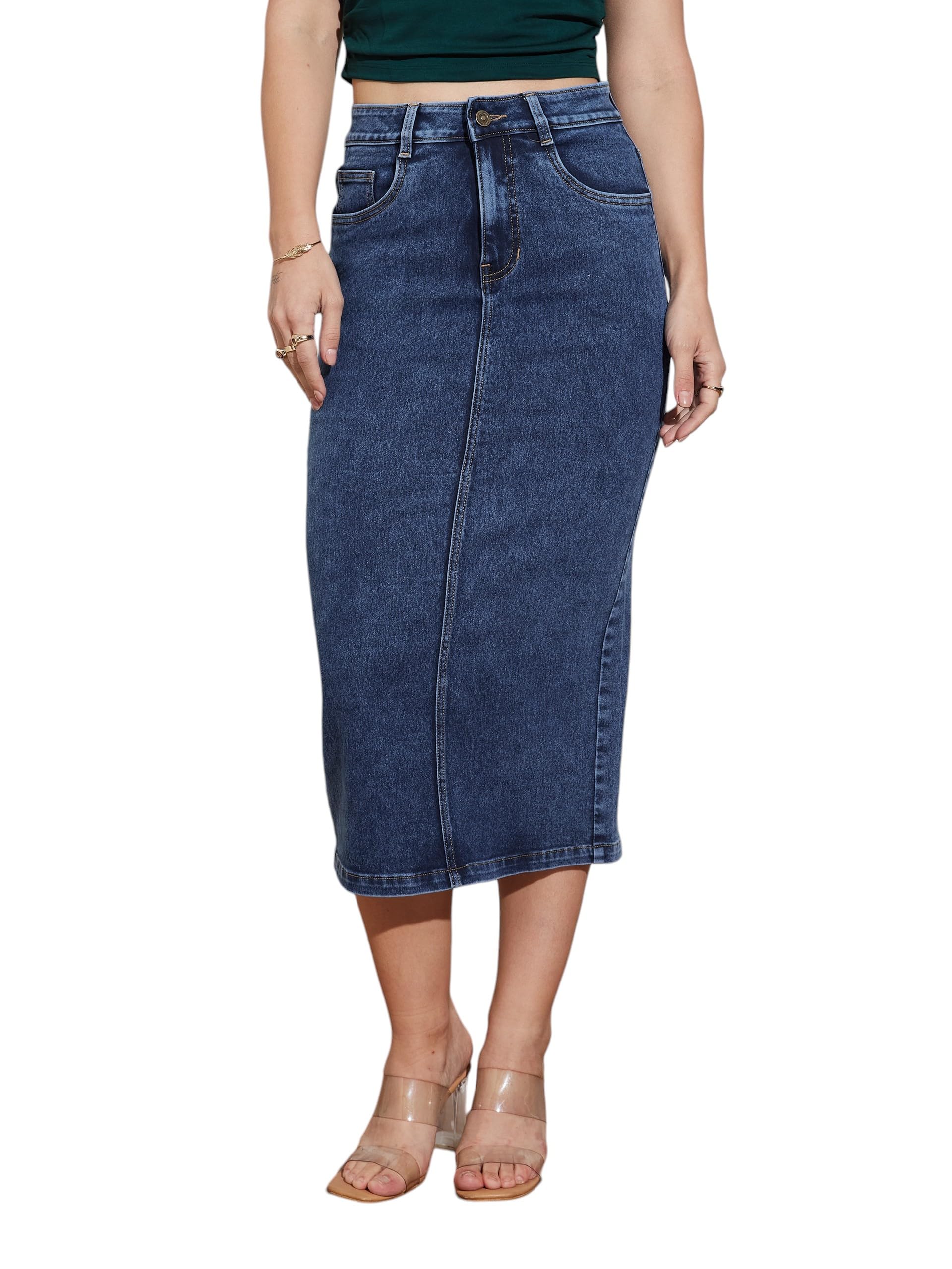 Women's High-Rise Stretchable Denim Midi Skirt with Back Slit – Shaping Fit-image-48