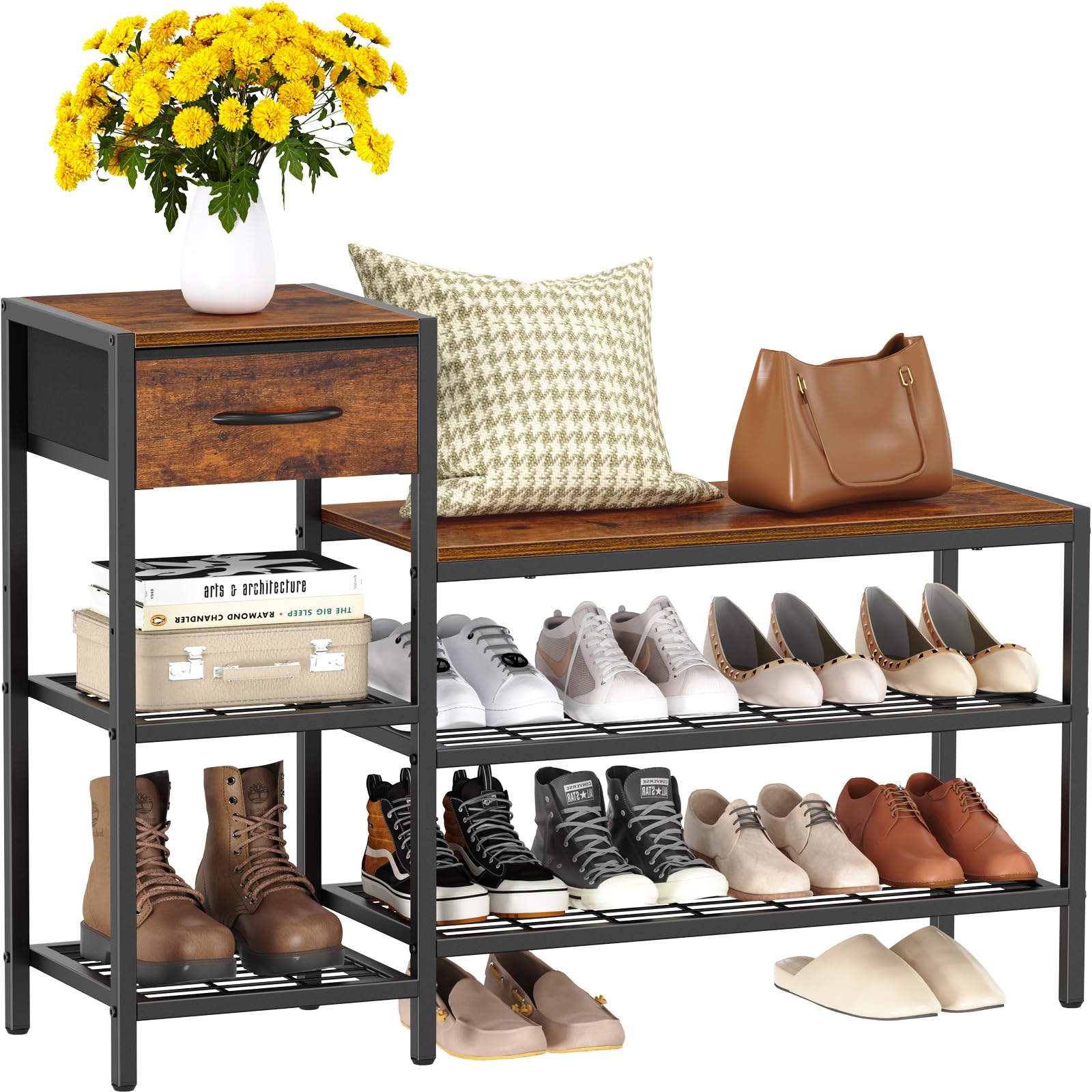 Snughome 39.4" Shoe Storage Bench with Storage Drawer, 3 Tier Entryway Bench Shoe Rack, Adjustable Shelf Storage Shoe Bench with Seating for Entryway, Front Door, Living Room