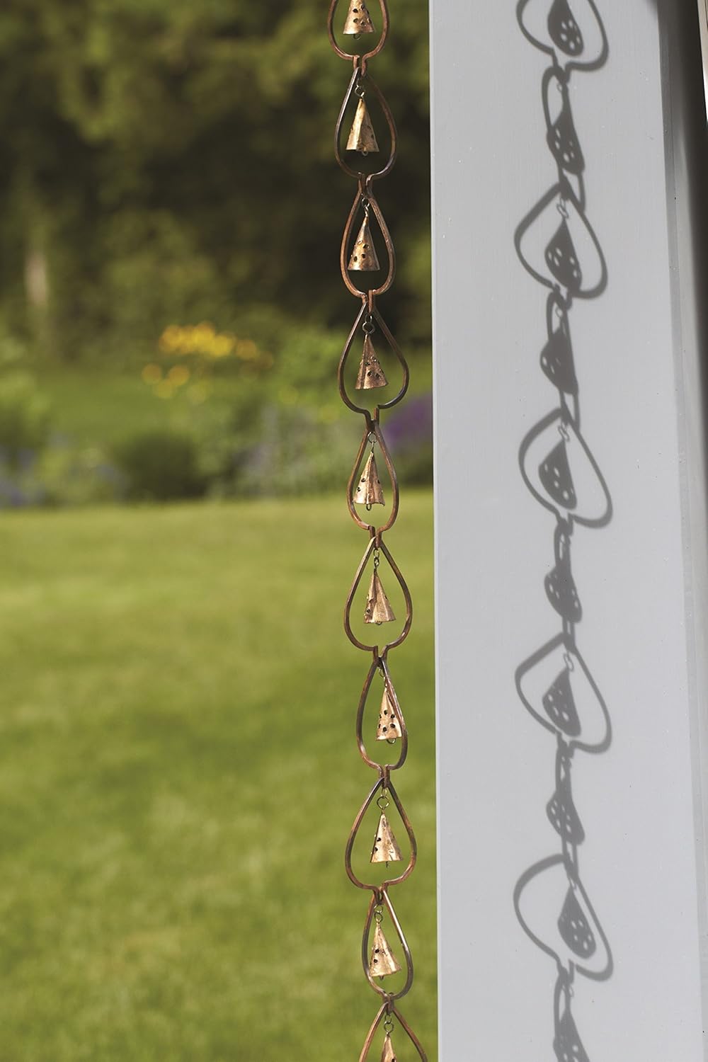 Ancient Graffiti Flamed Copper Aspen with Rain Drop Bells Hanging Chain, 3" x 96" x 3"