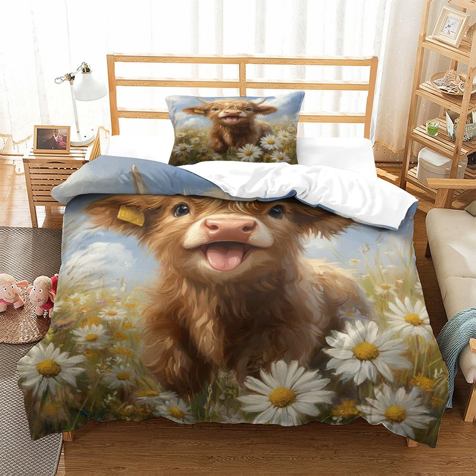 XPASHIQWC 3D Print Highland Cattle Duvet Cover Set Bedding Set Daisy Field with Pillow Cases Hidden Zipper for Kid Teens Boys And Girls Single（135x200cm）