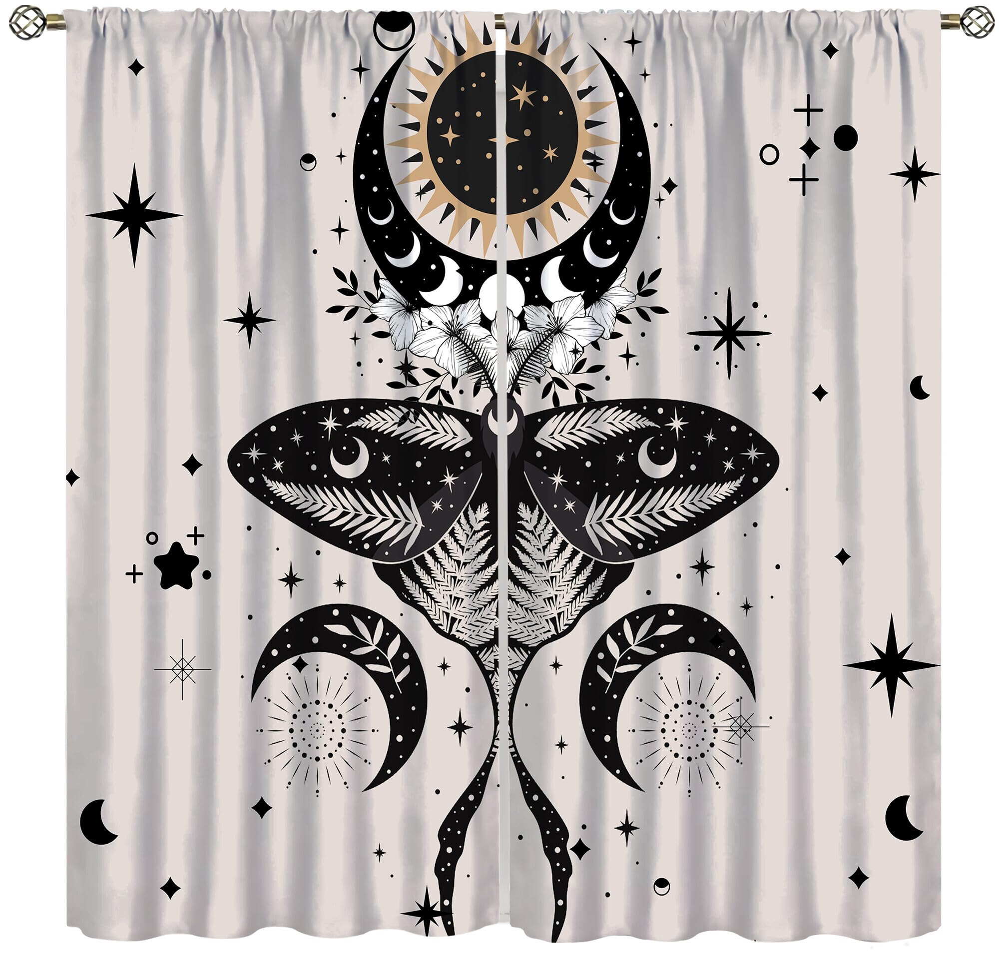 Yoakiet Moth Blackout Curtains Gothic Mystery Moon Phases Tarot Stars Flowers Boho Astrology Home Window Treatments Bedroom Living Room Kitchen Rod Pocket Drapes42x45in
