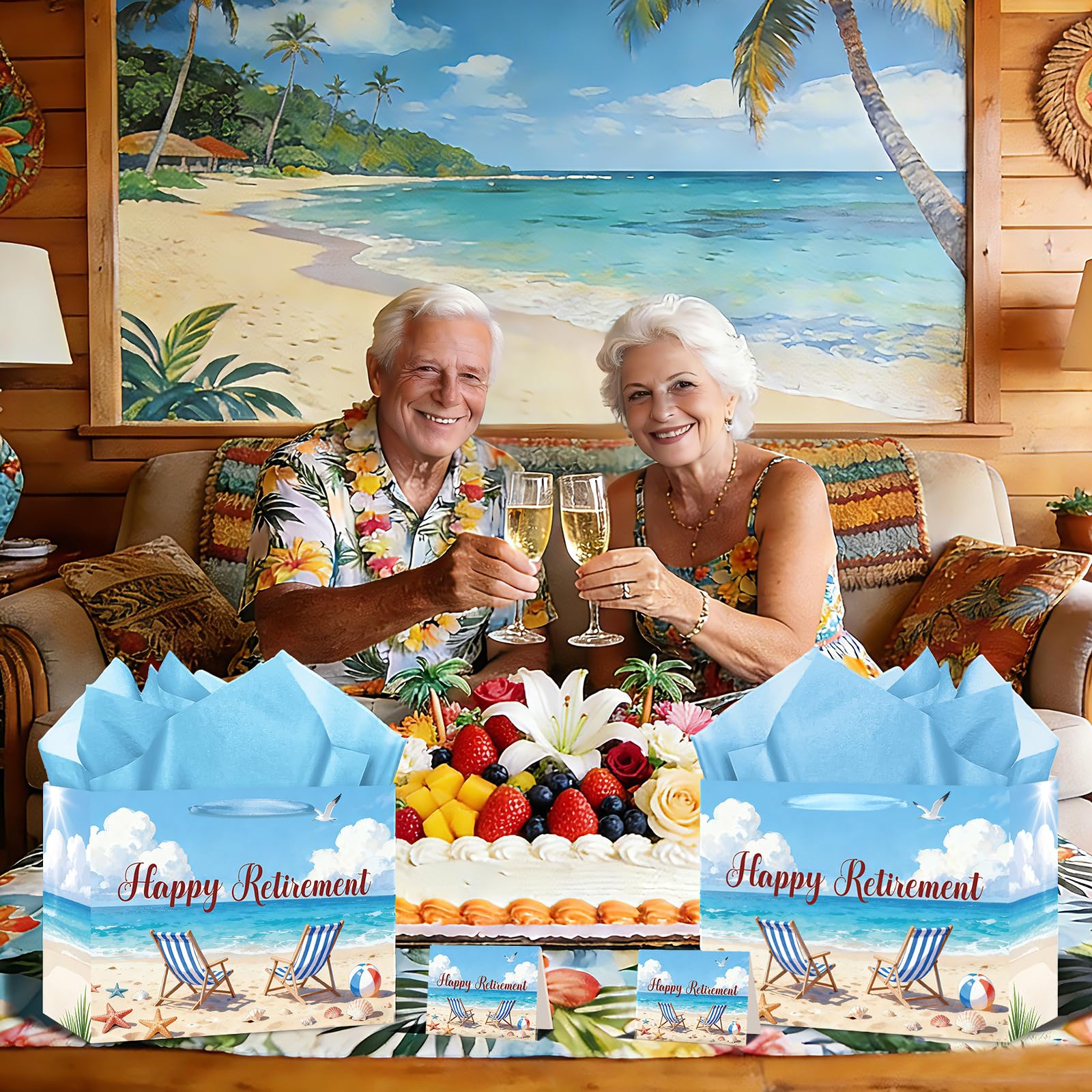Happy Retirement Gift Bag Summer Hawaiian Beach Funny Retired Gift Bags with Card and Tissue Paper Seaside Vacation Theme Retirement Decor for Women Men Coworker Farewell Going Away Party Supplies