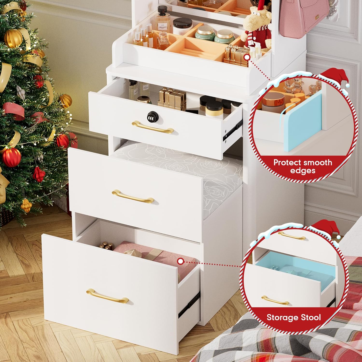 Close-up of the vanity desk's drawers and integrated stool