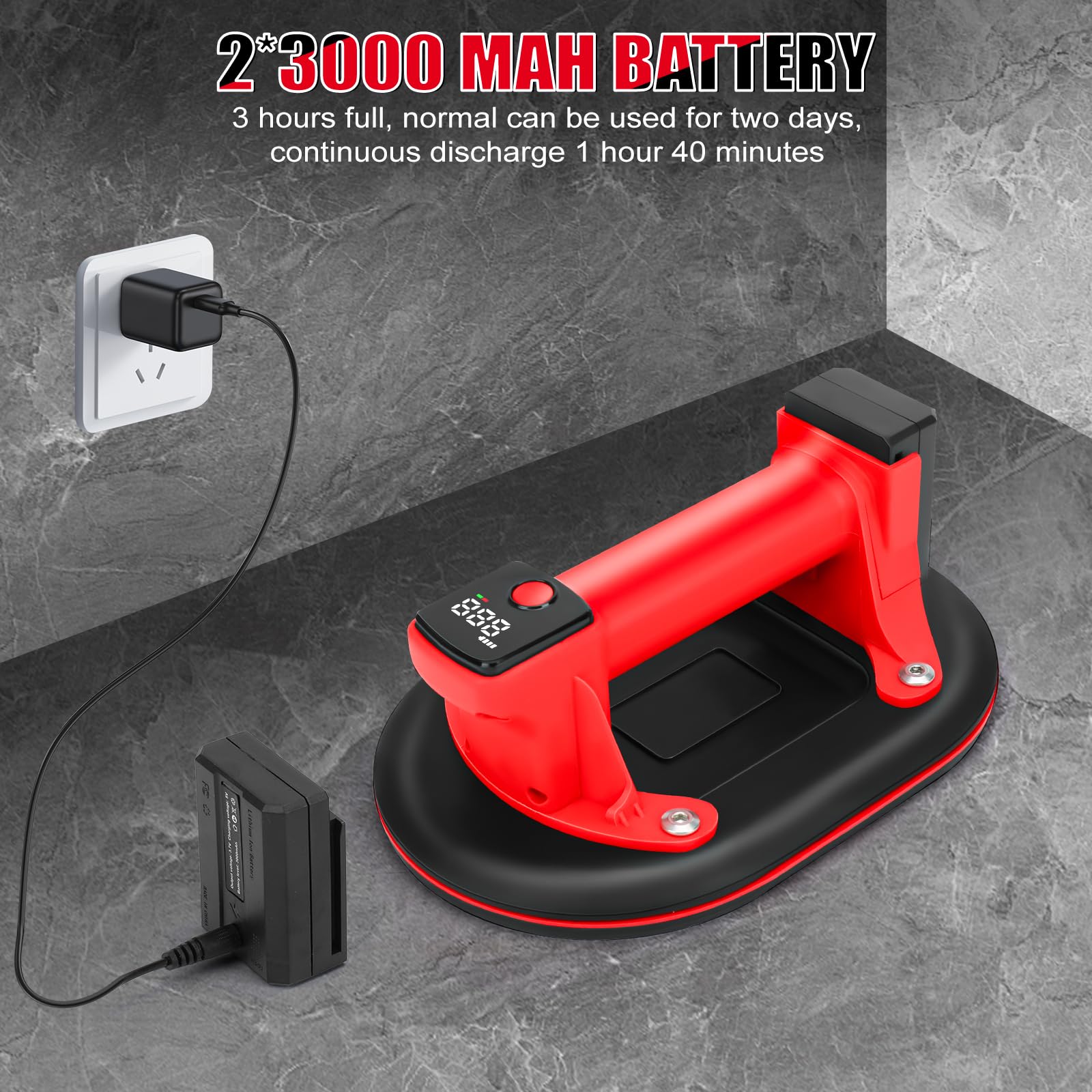 Sollevatore a batteria per piastrelle, ventosa a vuoto elettrico con display digitale, funzione di accensione/spegnimento automatico con 2 batterie, aspiratore in vetro per granito, vetro, piastrelle