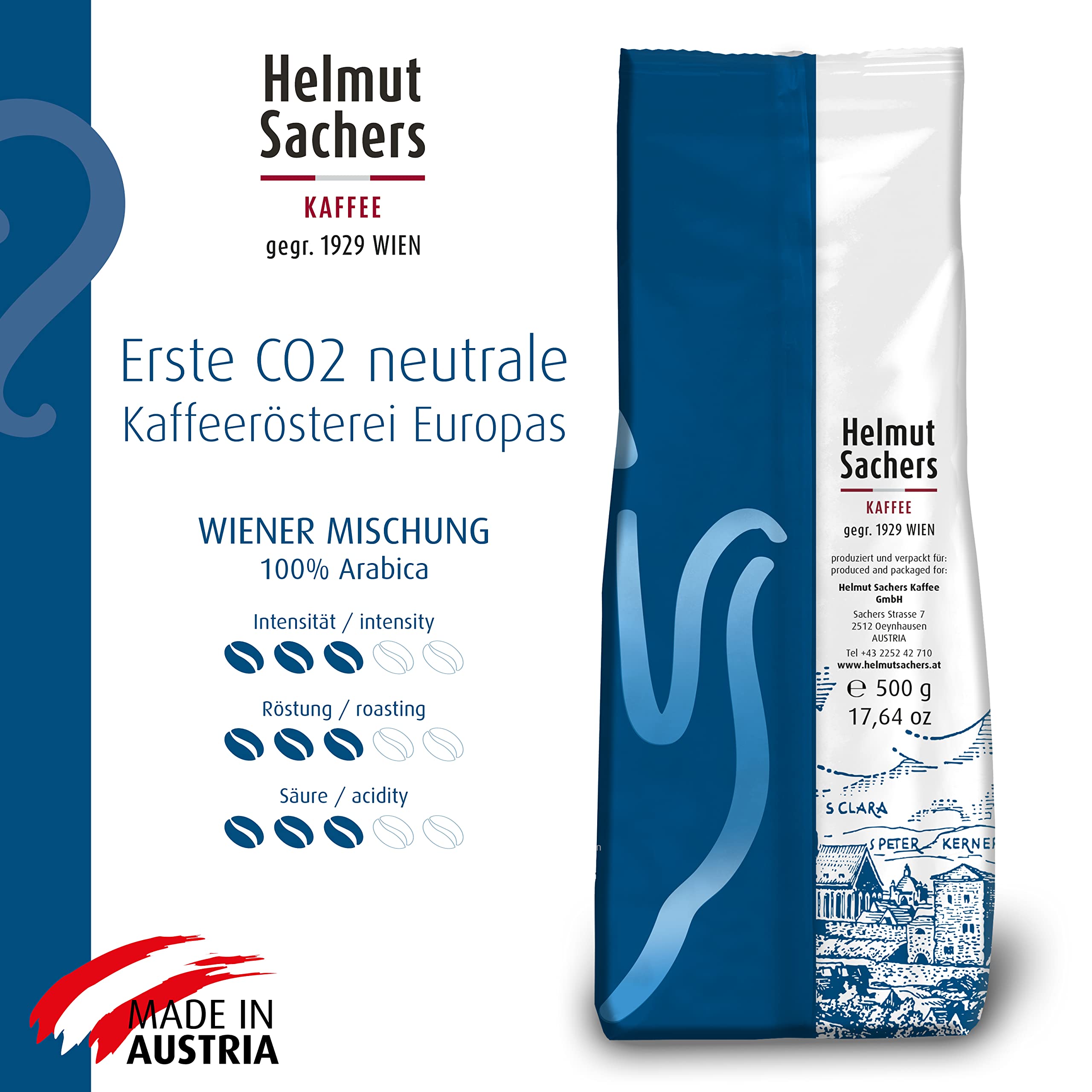 Helmut Sachers Kaffee - Mieszanka wiedeńska, kawa z wiedeńskiego melanżu z najwyższej jakości ziaren Arabica wyżynnej, trwale palona w Austrii - całe ziarna kawy, 6 x 500 g