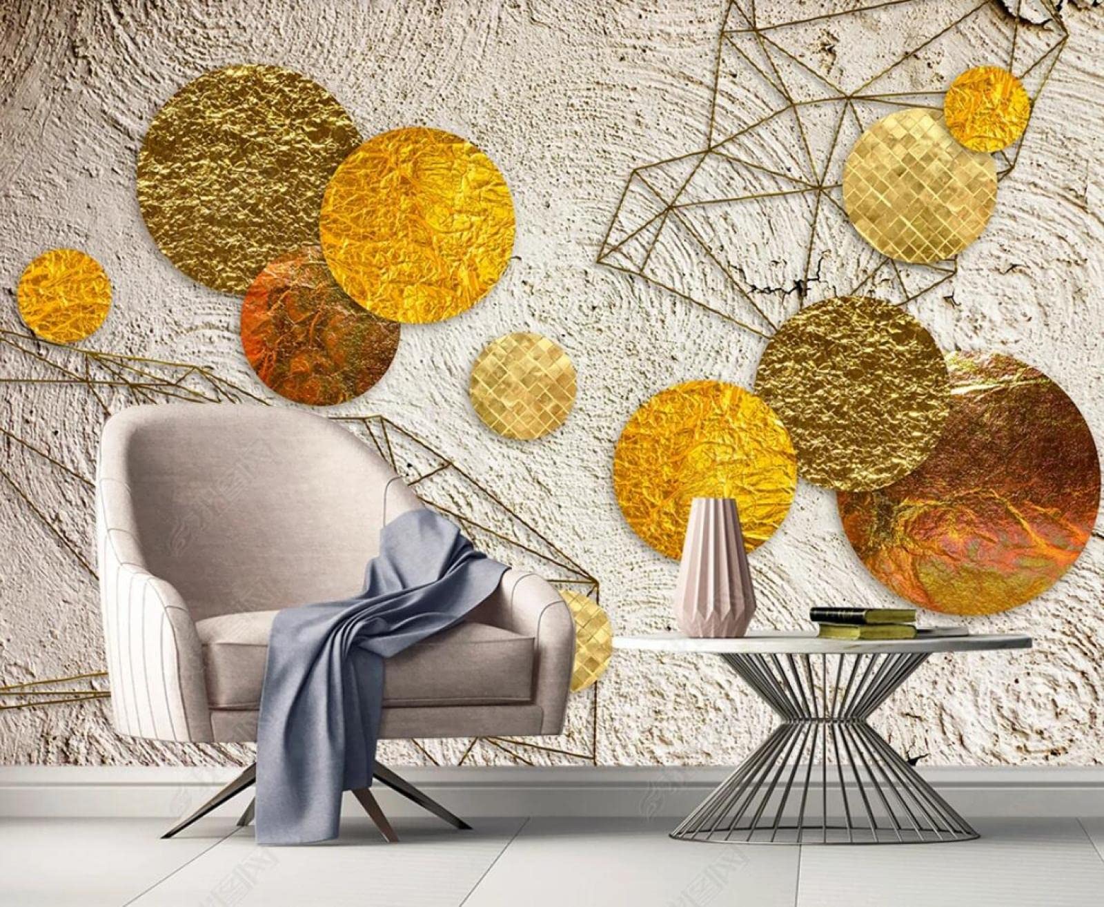 Papier Peint Panoramique Cercle D'Or pour Salon et Chambre Moderne 3D