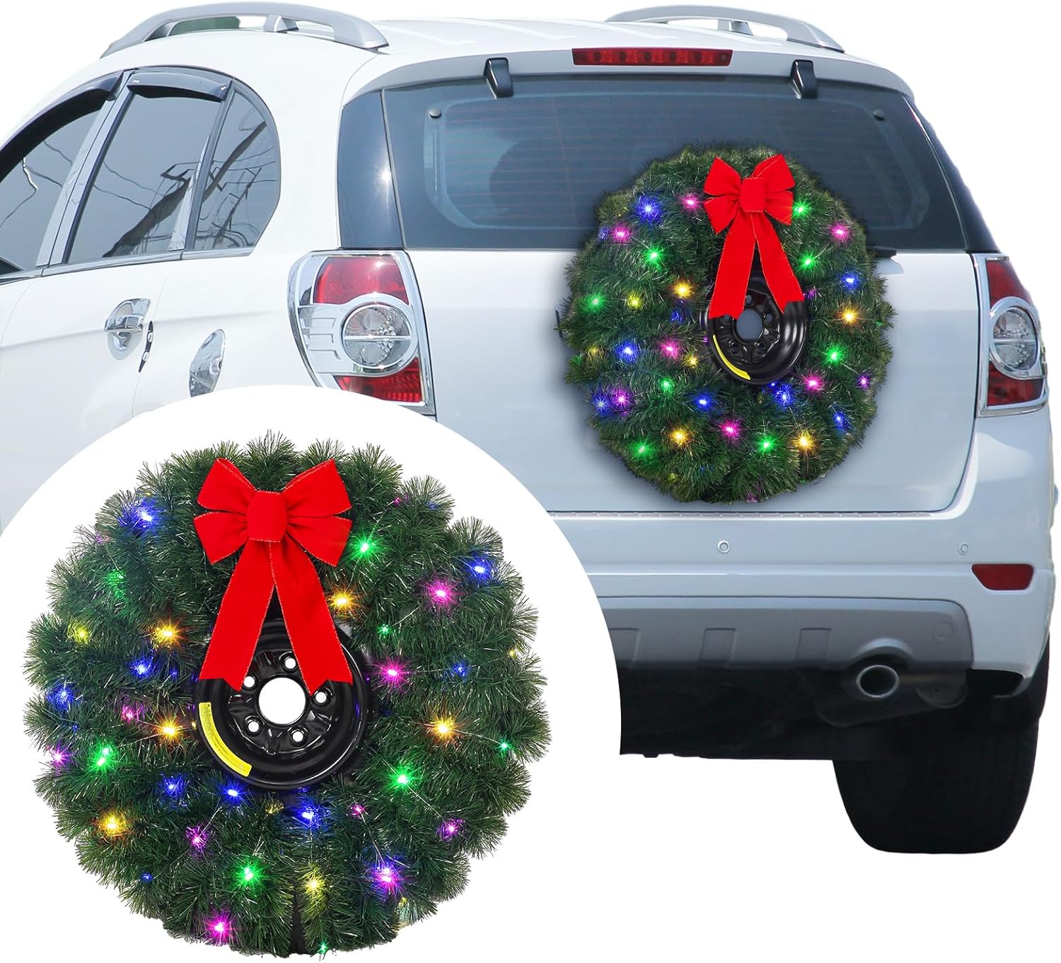 Daifunli Christmas Car Wreath Spare Tire Decoration DIY Kit Include 32.8ft Tinsel Green Garland LED Lights Red Bow Tire Covers for Rv Tires Truck Wreath for Travel Trailer and Many Vehicles