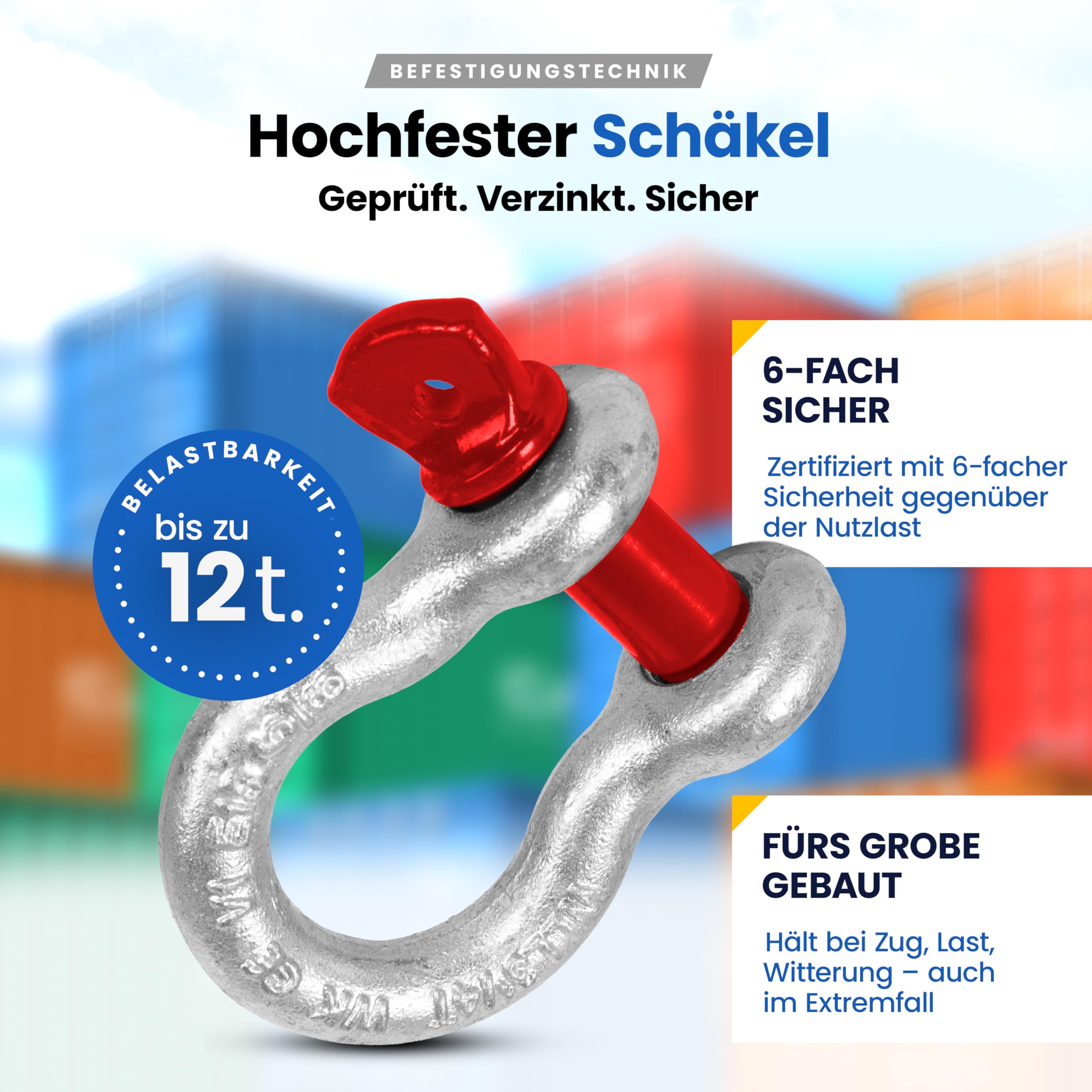 Schäkel hochfest geschweift - Größe & Menge wählbar: WLL 0,33-12 Tonnen Tragkraft - hochbelastbarer feuerverzinkter Stahl (1 Stk, 6,5t)