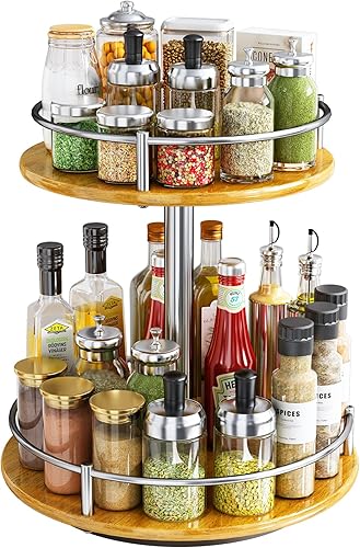 Miniatura 8 de Lazy Susan - Organizador de especias  Organización de especias giratoria de 2 niveles para gabinete, tocadiscos Lazy Susan de madera para encimera