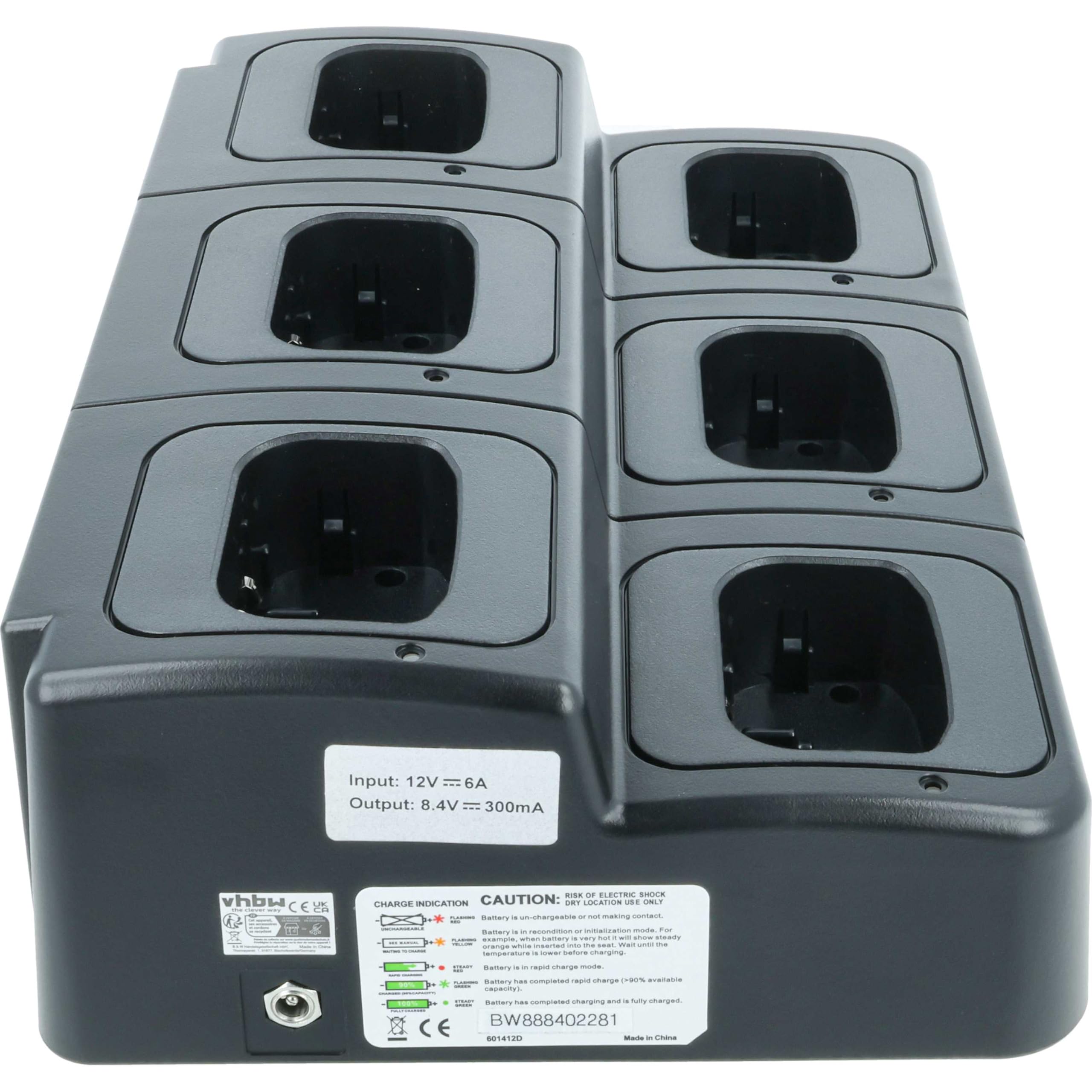 vhbw Caricabatterie 6 vani compatibile con Icom BP-252 batterie per radio - Stazione di ricarica + alimentatore + cavo alimentazione, 8,4V