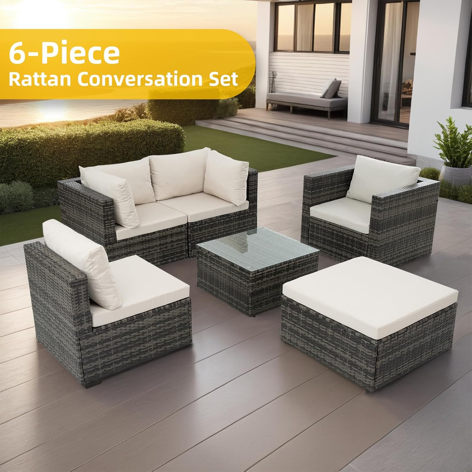 6 Piece Patio Furniture Set, All Weather Outdoor Rattan Wicker, Patio Sectional with Waterproof Cushions and Tempered Glass Coffee Table, outdoor furniture for Balcony, Backyard, Garden, Beige