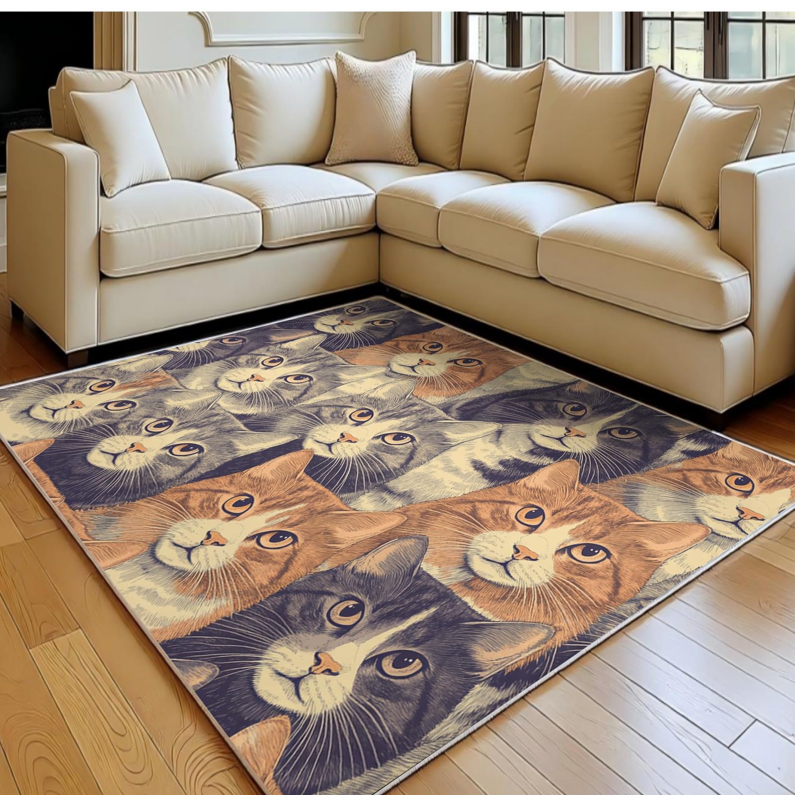 Tapis salon 140x200 cm chat marron lavable et antidérapant pour chambre