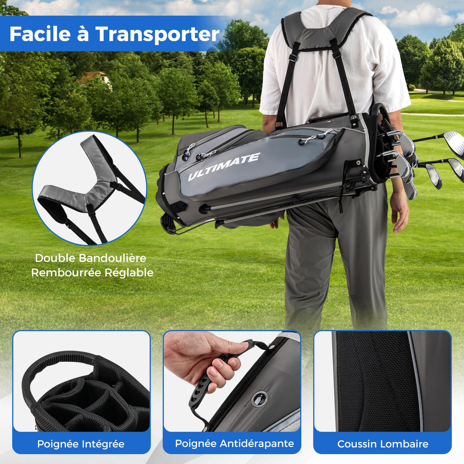 GYMAX Set Complet de Golf 10 Pièces Sac et Clubs, Driver 1#, Bois de Parcours 3#, Hybride 4#, Fers 6# 7# 8# 9#, Pitching Wedge, Putter, Sac de Golf Portable Trépied, pour Hommes Droitiers