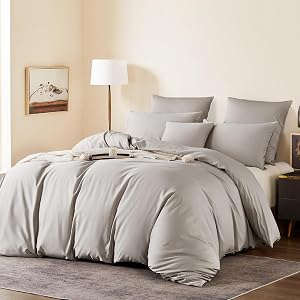 Cooling Duvet Cover King Set Linen Grey 100% Cotton Soft Silky Bedding | Modern Minimalism 100% Long Staple Cotton Comforter Cover for Hot Sleepers, Sateen Weave, 300 TC, Crisp Smooth Shine Touch