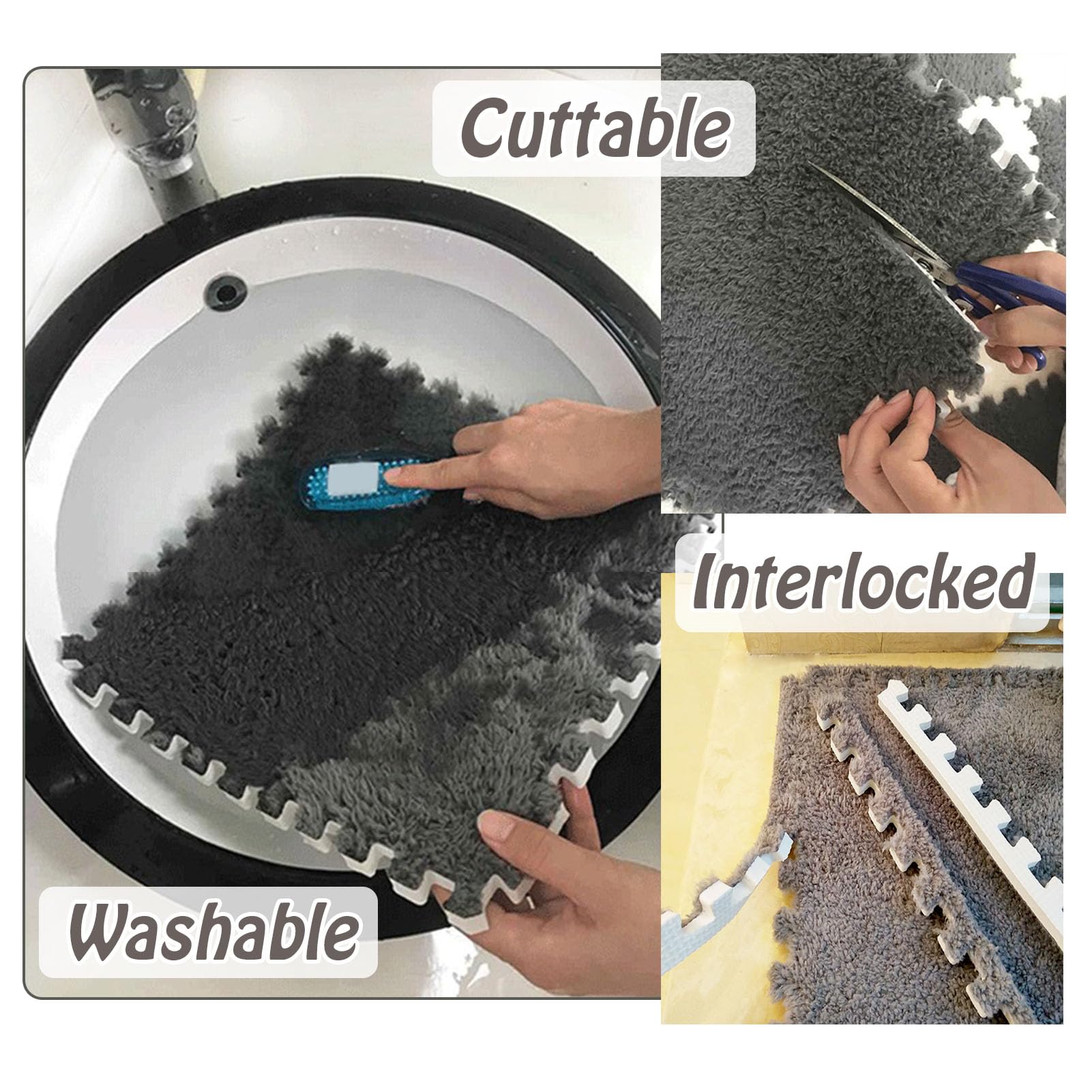 Flauschiger, weicher Plüsch-Teppich – 2,1 x 2,4 m große, ineinandergreifende Schaumstoff-Teppichfliesen, Puzzlematten für Schlafzimmer und Spielzimmer, 56 graue und blaue Bodenmatten, rutsch
